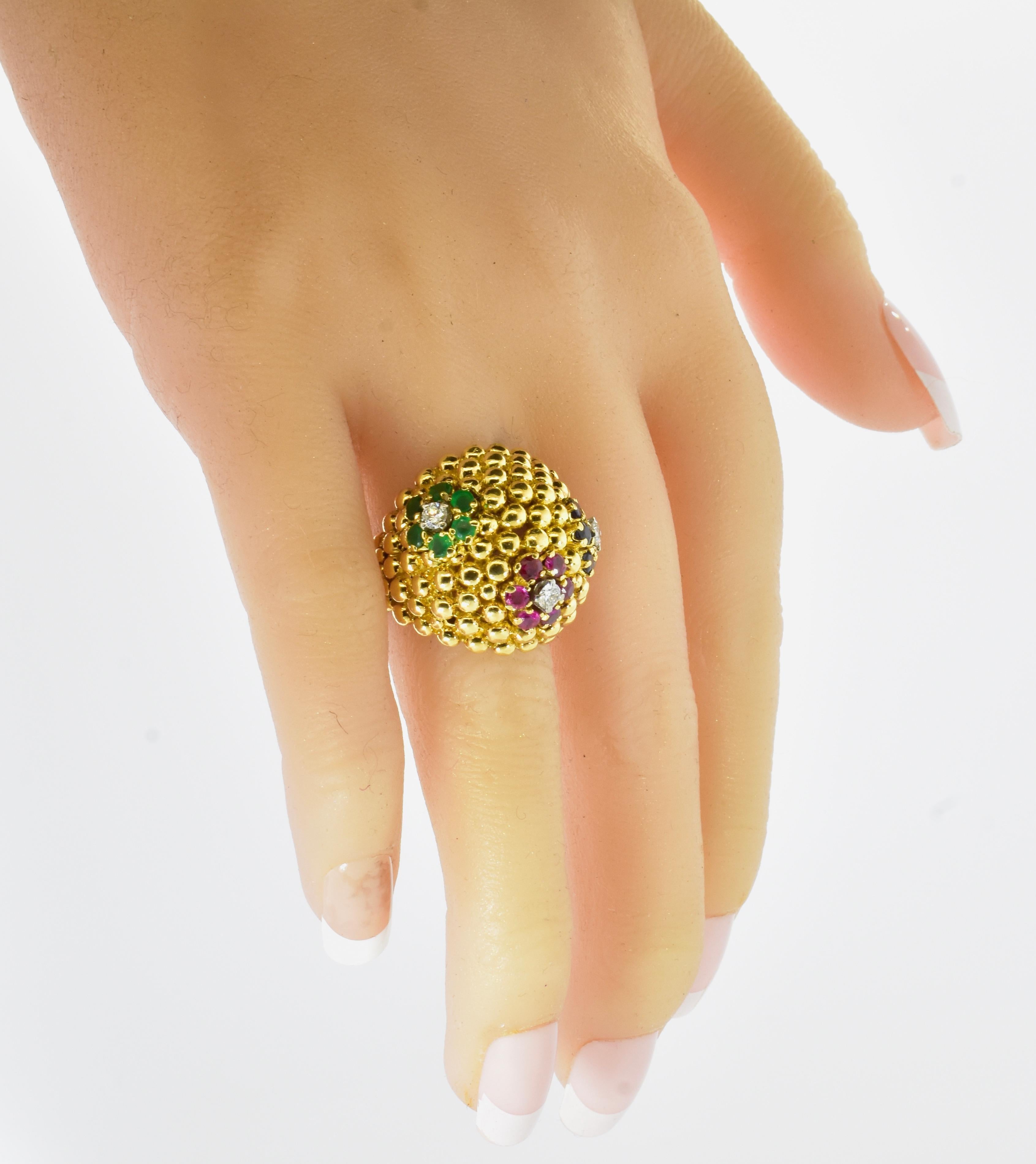 Diamond, Sapphire, Ruby and Emerald Vintage Bold 18K Ring, C. 1960 For Sale 3