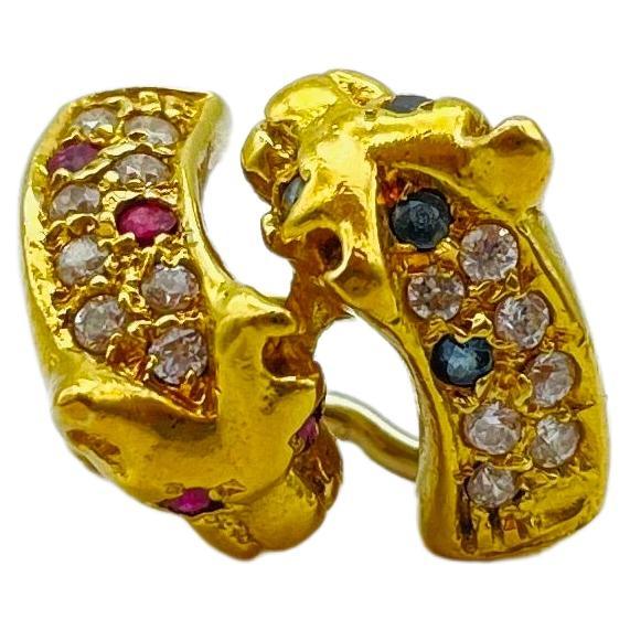 Aesthetic Movement Vintage Diamond Ruby Sapphire  earrings battle of panthers 18k gold  For Sale