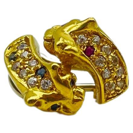 Brilliant Cut Vintage Diamond Ruby Sapphire  earrings battle of panthers 18k gold  For Sale
