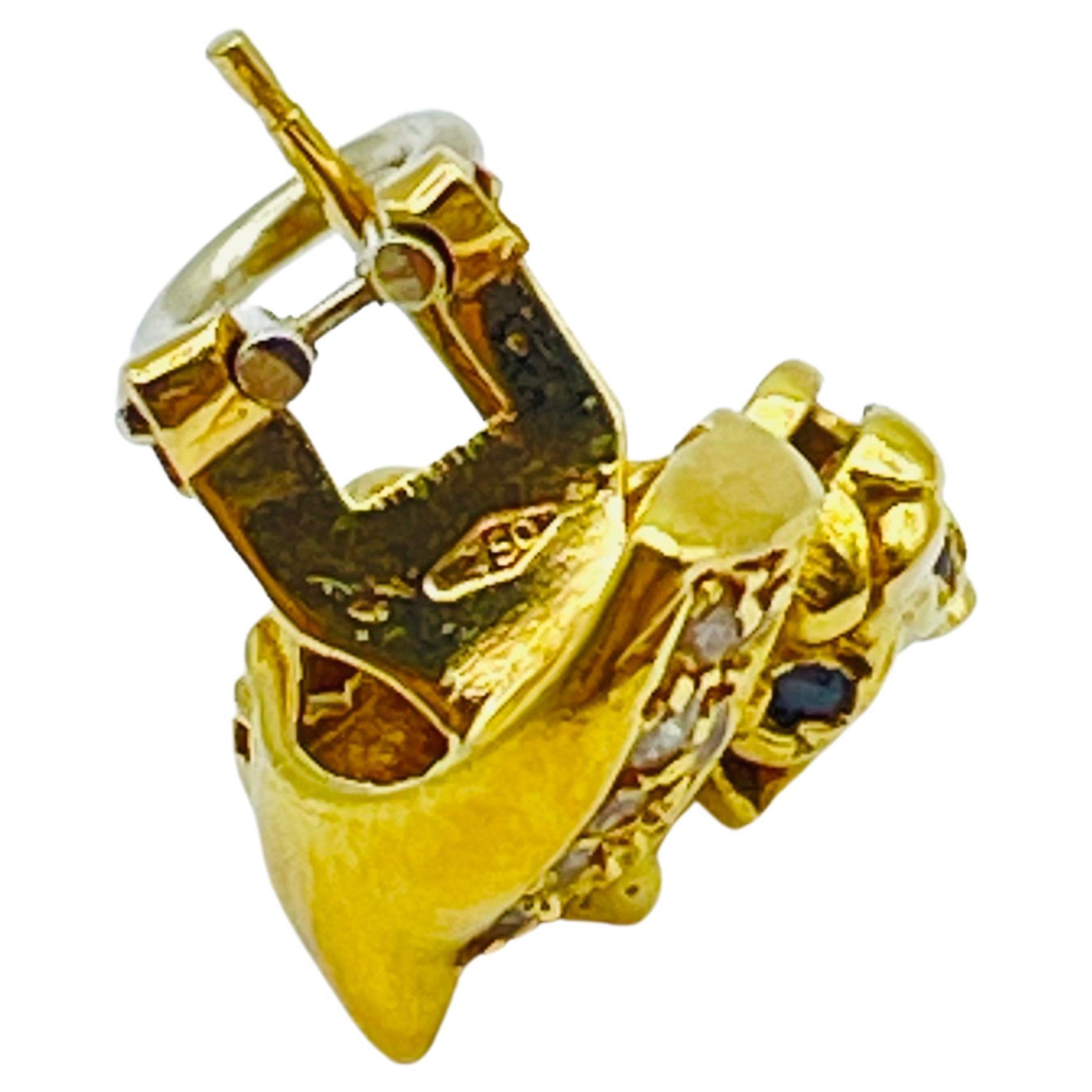 Women's or Men's Vintage Diamond Ruby Sapphire  earrings battle of panthers 18k gold  For Sale