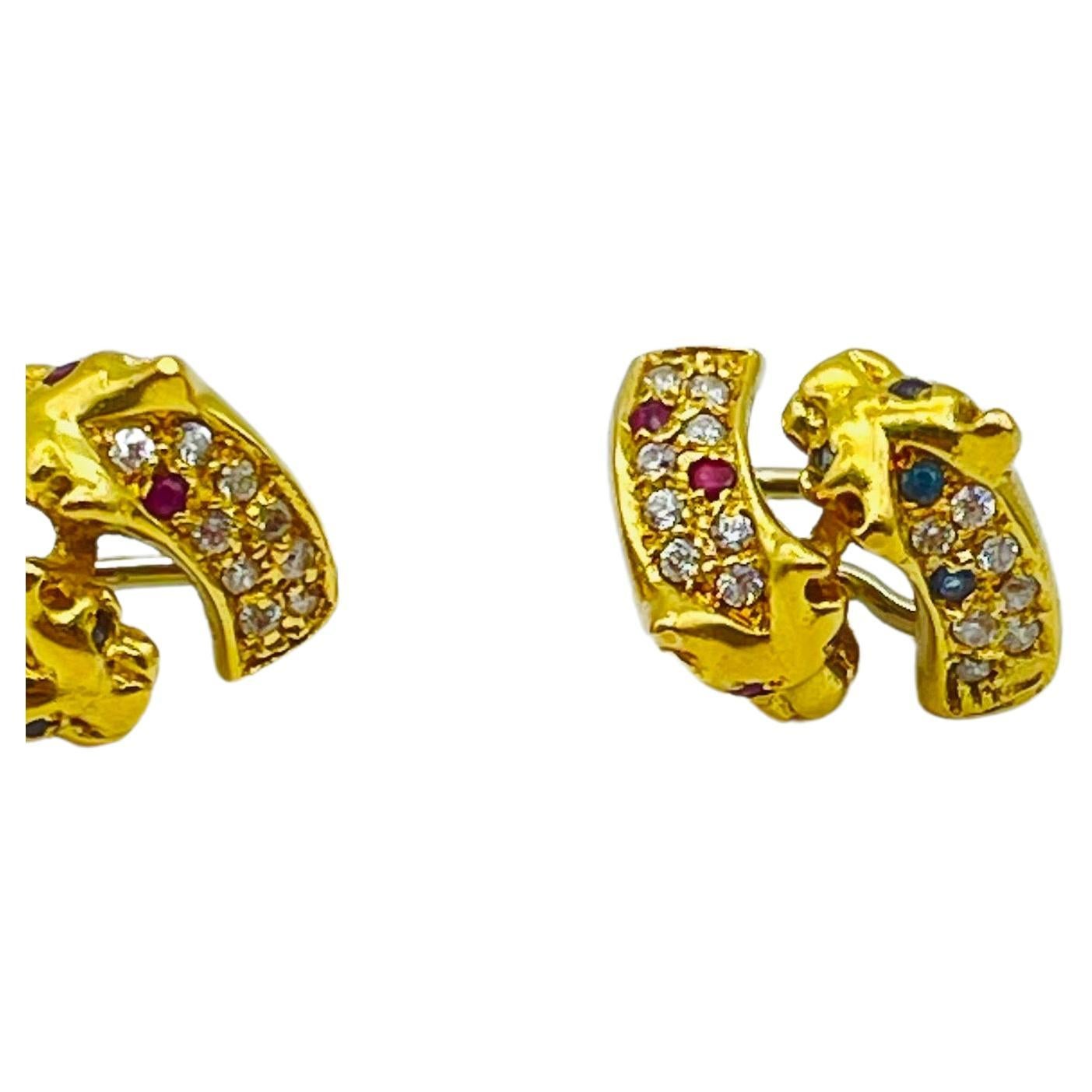 Vintage Diamond Ruby Sapphire  earrings battle of panthers 18k gold For Sale 1