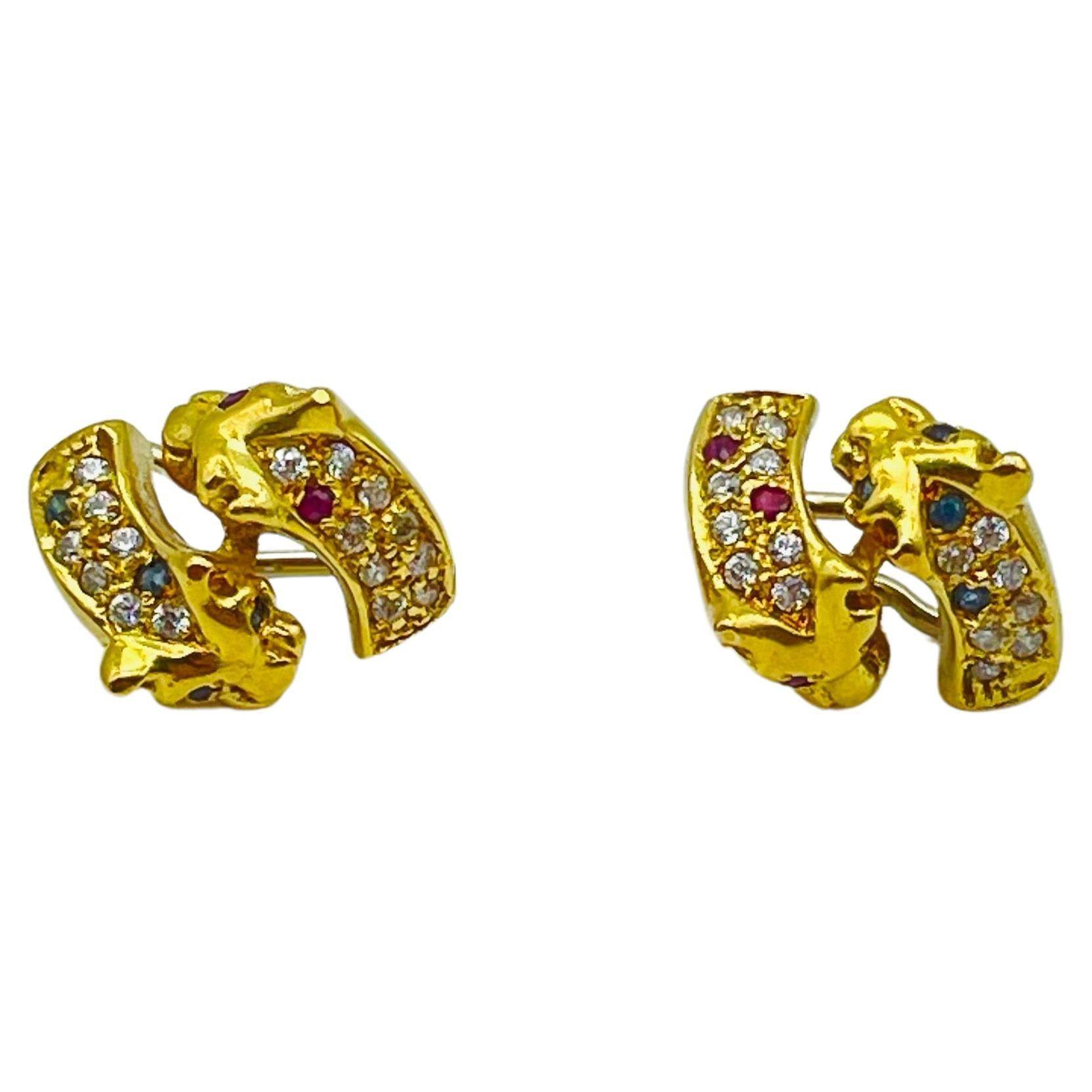 Vintage Diamant-Rubin-Saphir-  Ohrringe Schlacht der Panthers 18k Gold  im Angebot