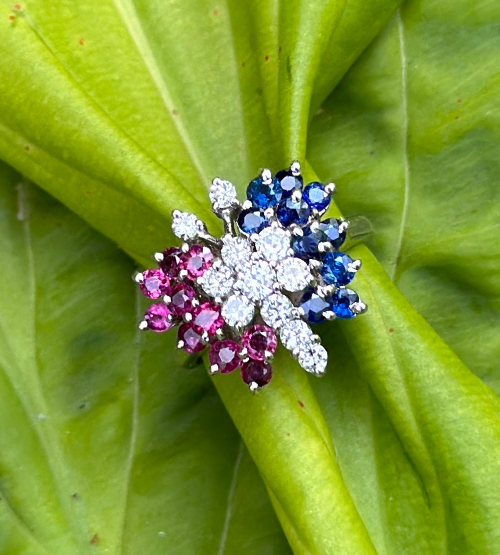 This is a gorgeous antique Butterfly Ring set with spectacular Sapphire, Ruby and Diamond gems in a gorgeous Butterfly design in 14 Karat White Gold.  The fabulous ring is one of the most beautiful Butterfly Insect jewels we have seen.  The gems