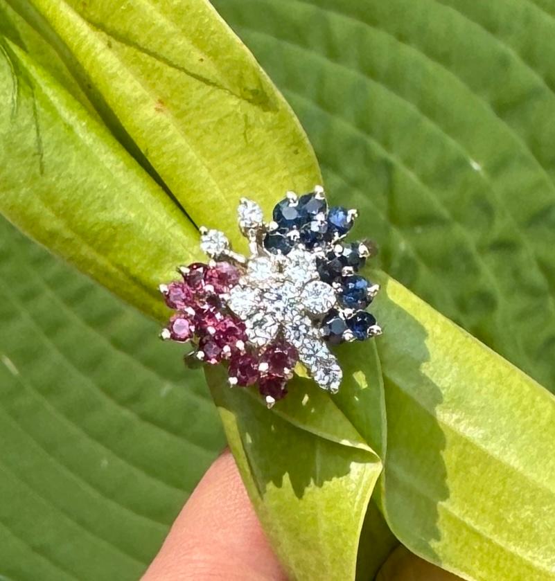 Women's or Men's Diamond Sapphire Ruby Butterfly Ring 14 Karat White Gold Insect Cocktail Ring For Sale