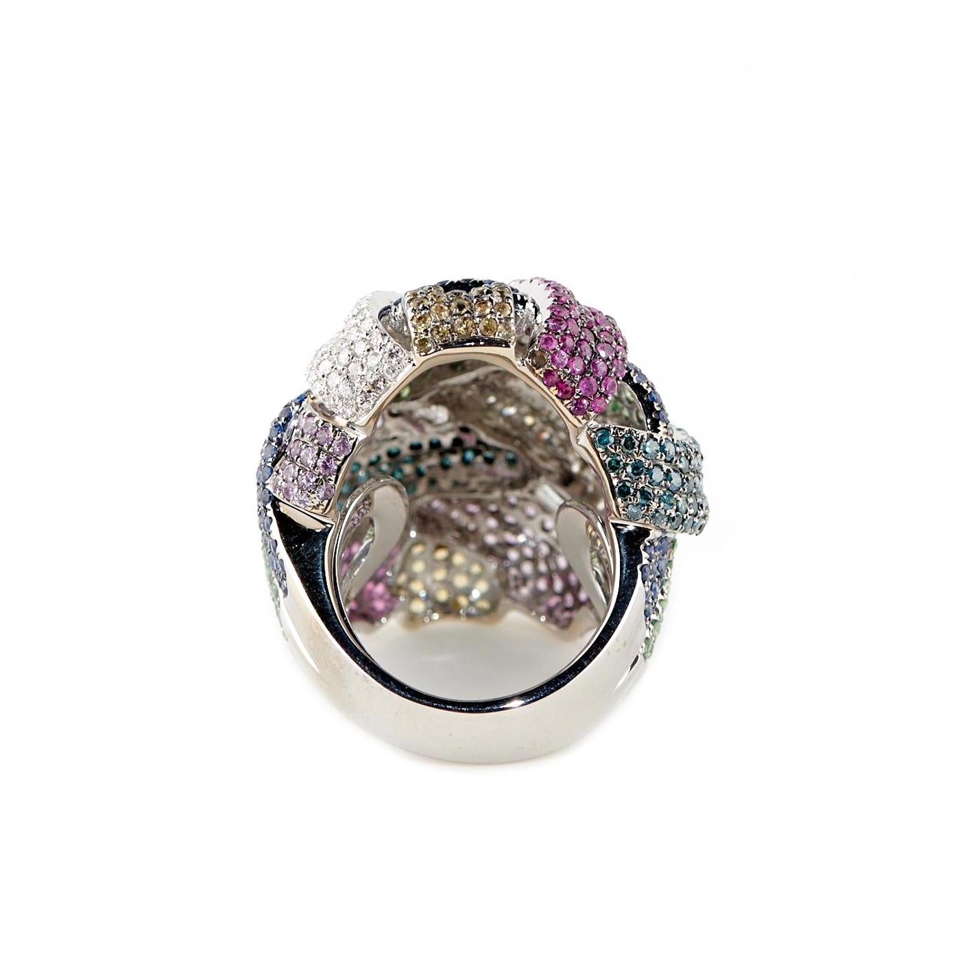 Round Cut 0.85ct Round White Diamond Sapphire Ruby Cocktail Ring Precious Stones 18K Gold For Sale