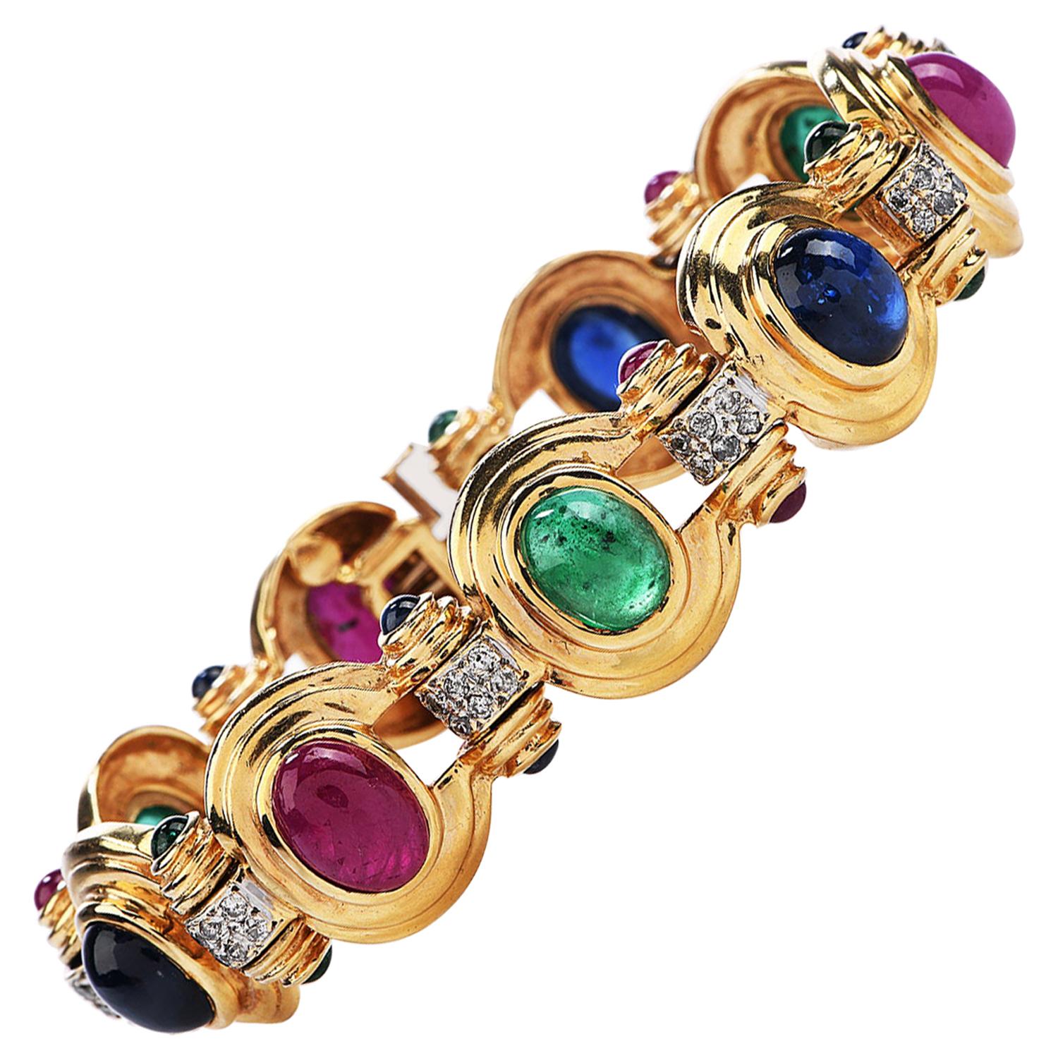 Diamond Sapphire Ruby Emerald 14 Karat Gold 1980s Oval Link Bracelet