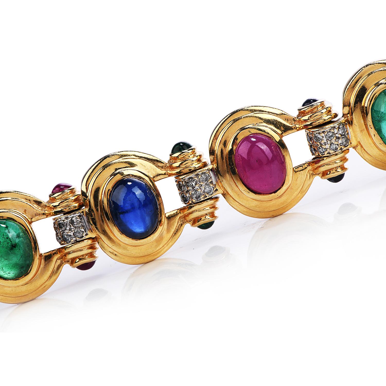Modern Diamond Sapphire Ruby Emerald 14 Karat Gold 1980s Oval Link Bracelet