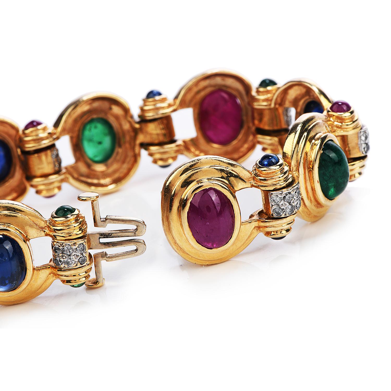 Cabochon Diamond Sapphire Ruby Emerald 14 Karat Gold 1980s Oval Link Bracelet