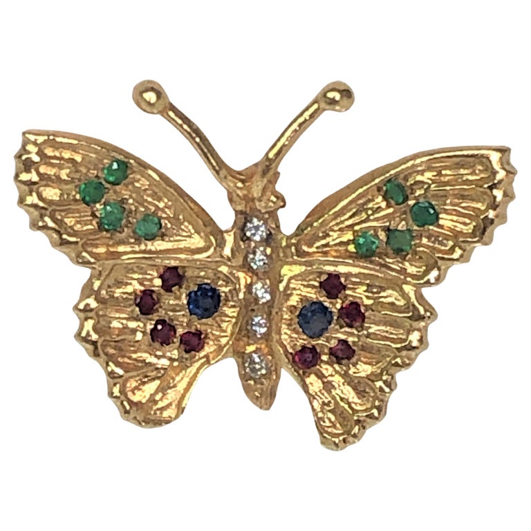 Diamond, Sapphire, Ruby, Emerald Butterfly Brooch For Sale