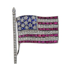Diamond Sapphire Ruby Gold American Flag Brooch