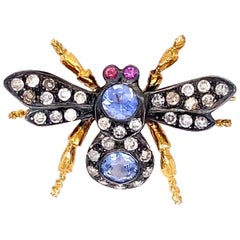 Vintage Diamond Sapphire Ruby Gold and Silver Fly Bee Brooch Pin Fine Estate Jewelry