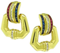 Diamond Sapphire Ruby Gold Door Knocker Earrings