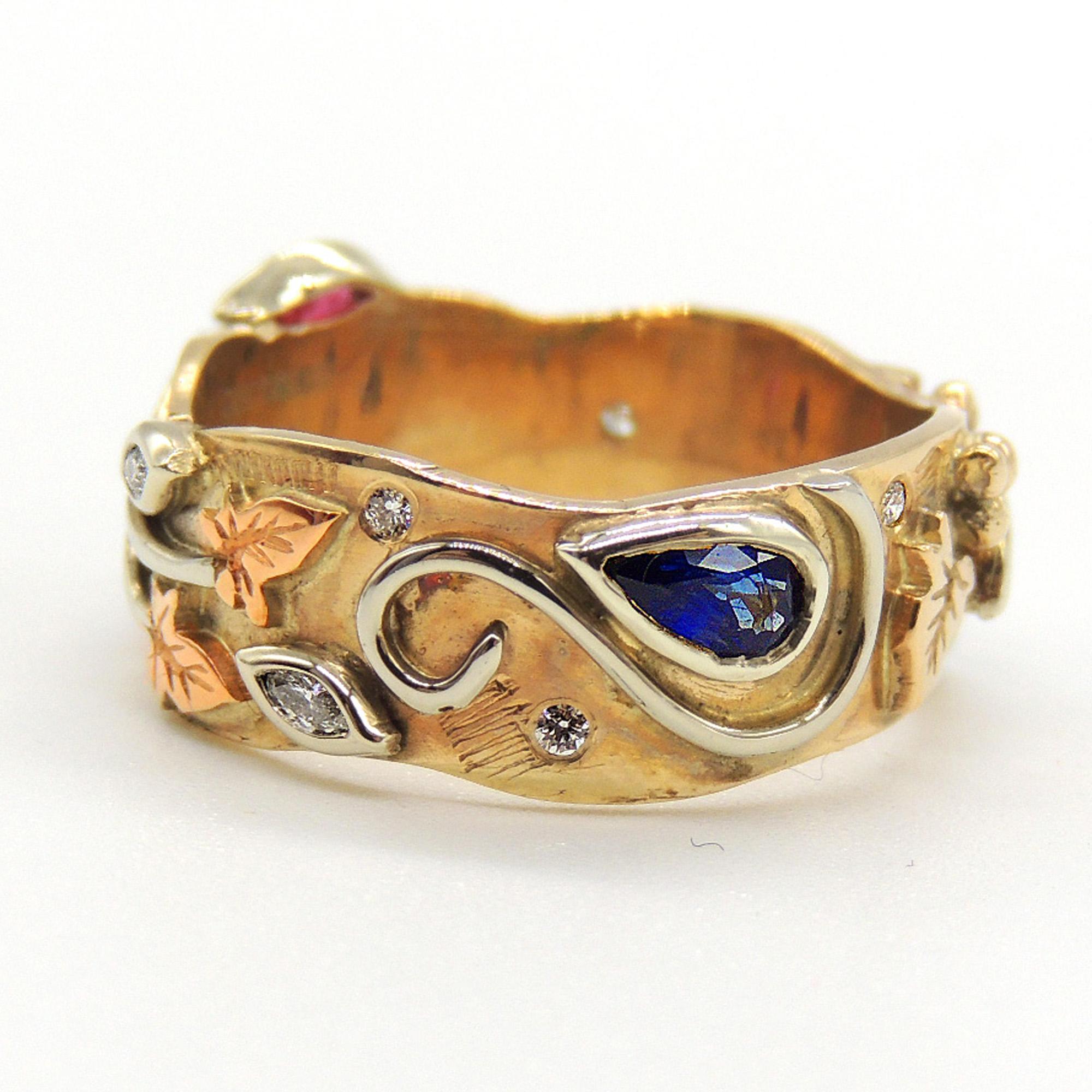 Pear Cut Diamond, Sapphire and Ruby Handmade Unique Mixed Gold Autumn Art Nouveau Ring