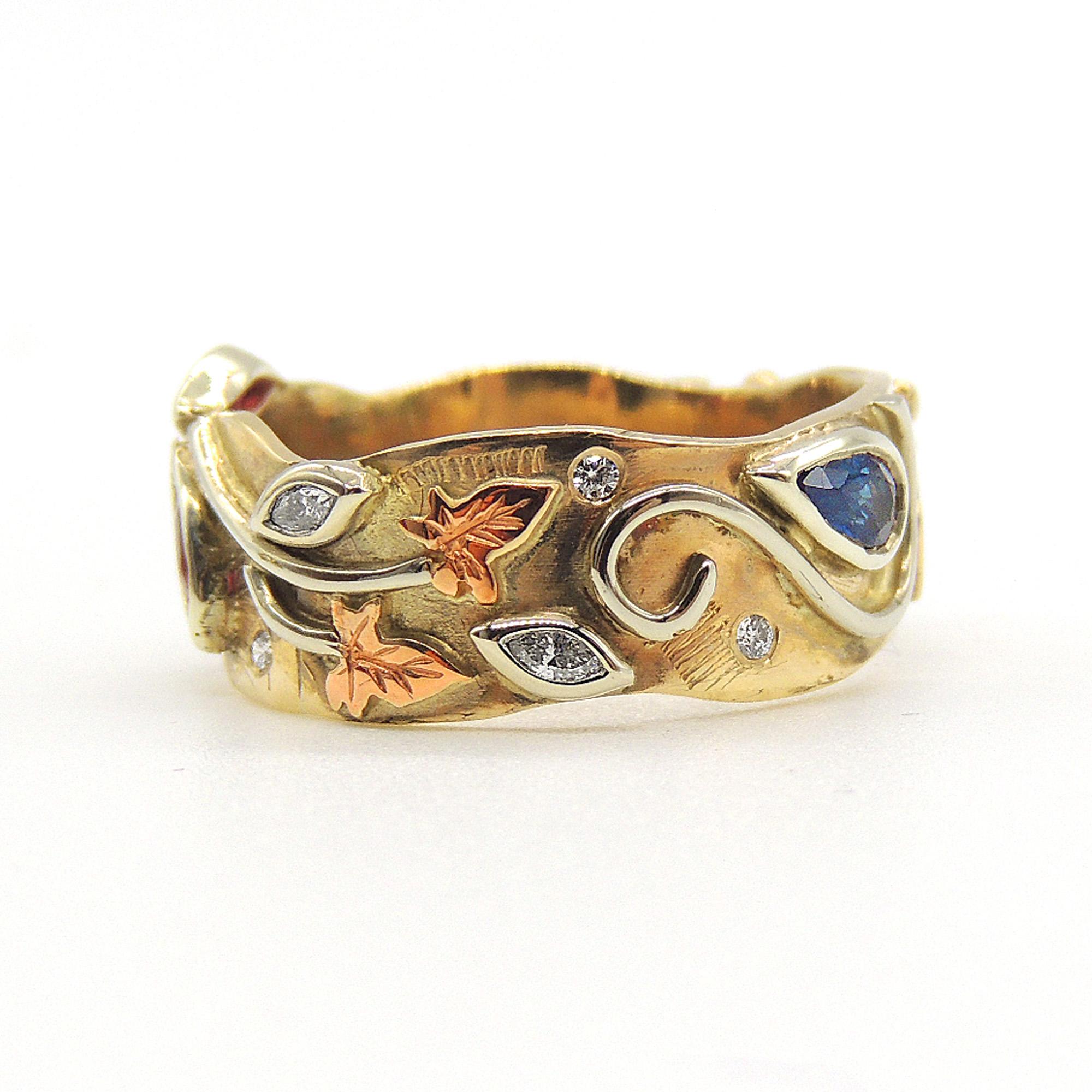 Diamond, Sapphire and Ruby Handmade Unique Mixed Gold Autumn Art Nouveau Ring In New Condition In Birmingham, GB