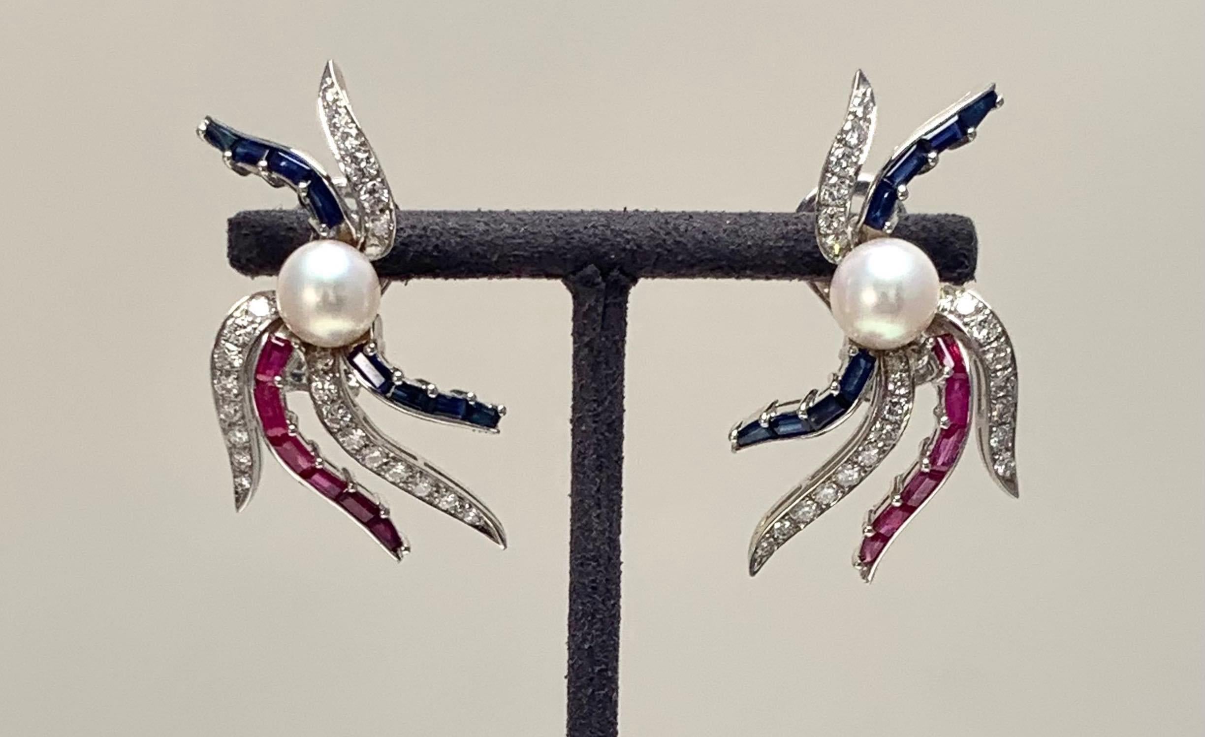 Boucles d'oreilles or blanc diamant saphir rubis perle en vente 4