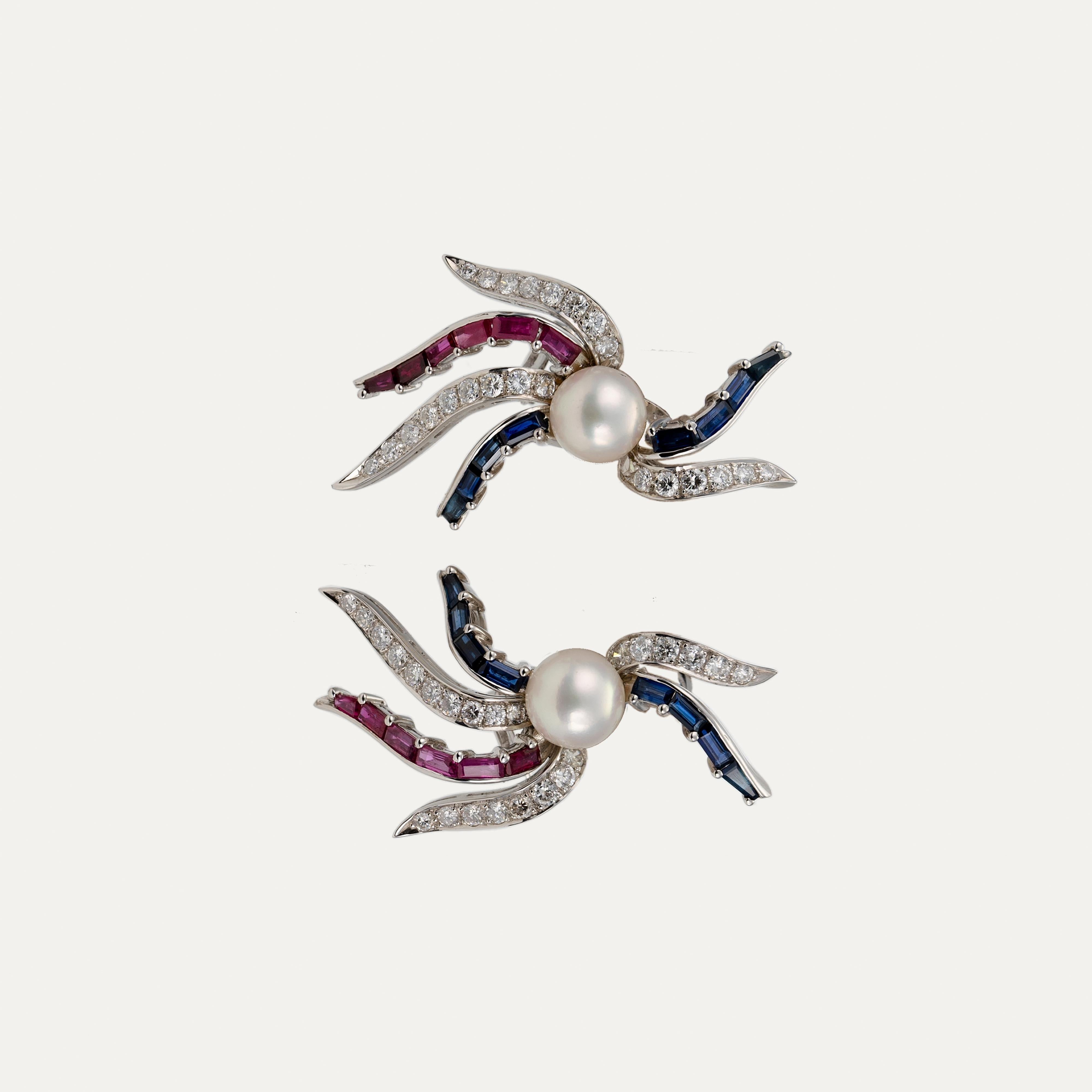 Taille brillant Boucles d'oreilles or blanc diamant saphir rubis perle en vente