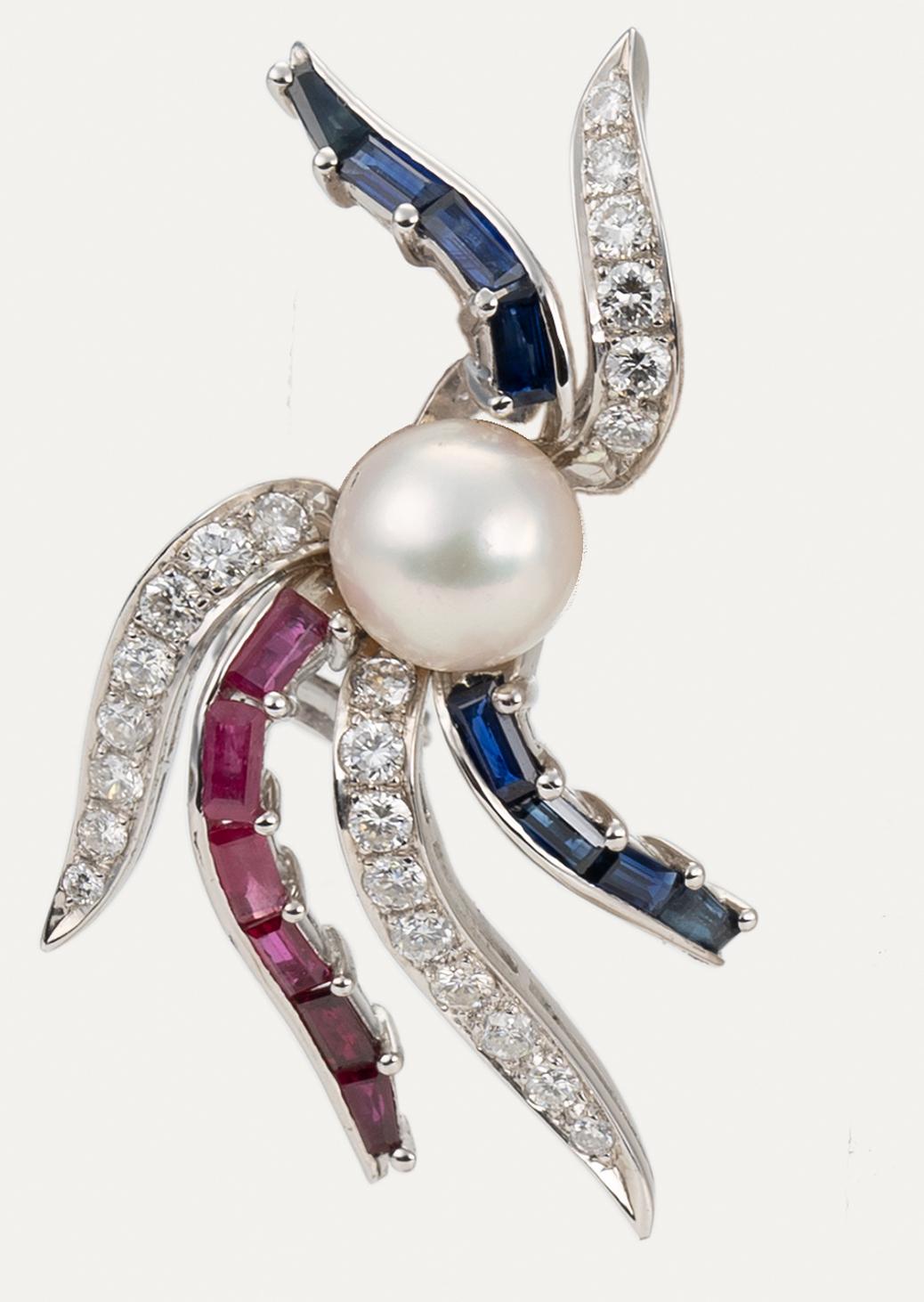 Boucles d'oreilles or blanc diamant saphir rubis perle Excellent état - En vente à Lisboa, PT