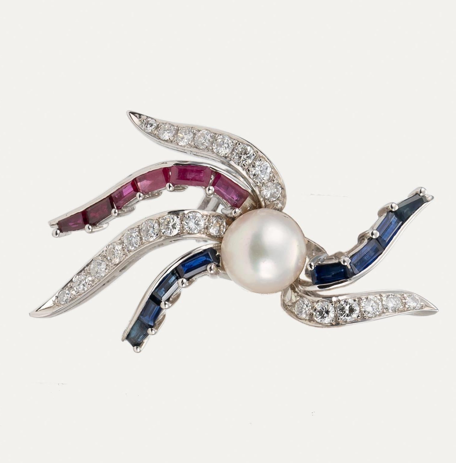 Boucles d'oreilles or blanc diamant saphir rubis perle en vente 2