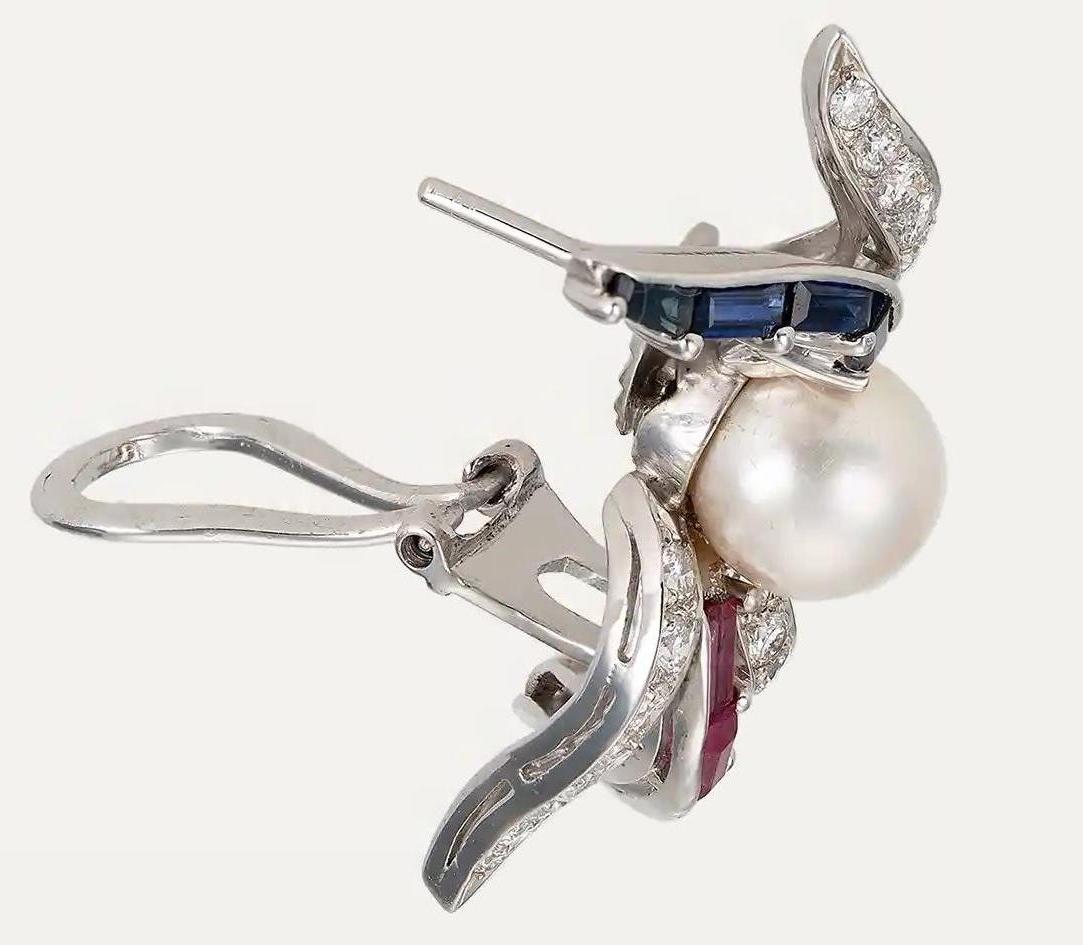 Boucles d'oreilles or blanc diamant saphir rubis perle en vente 3