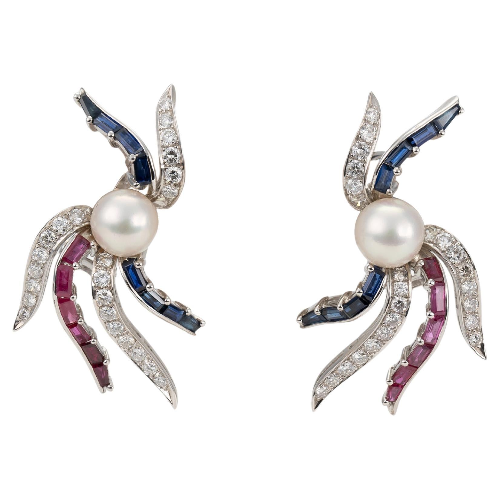 Diamond Sapphire Ruby Pearl White Gold Earrings