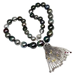 Diamond Sapphire Ruby Tahitian Pearl Necklace 18k Gold 17 mm Certified