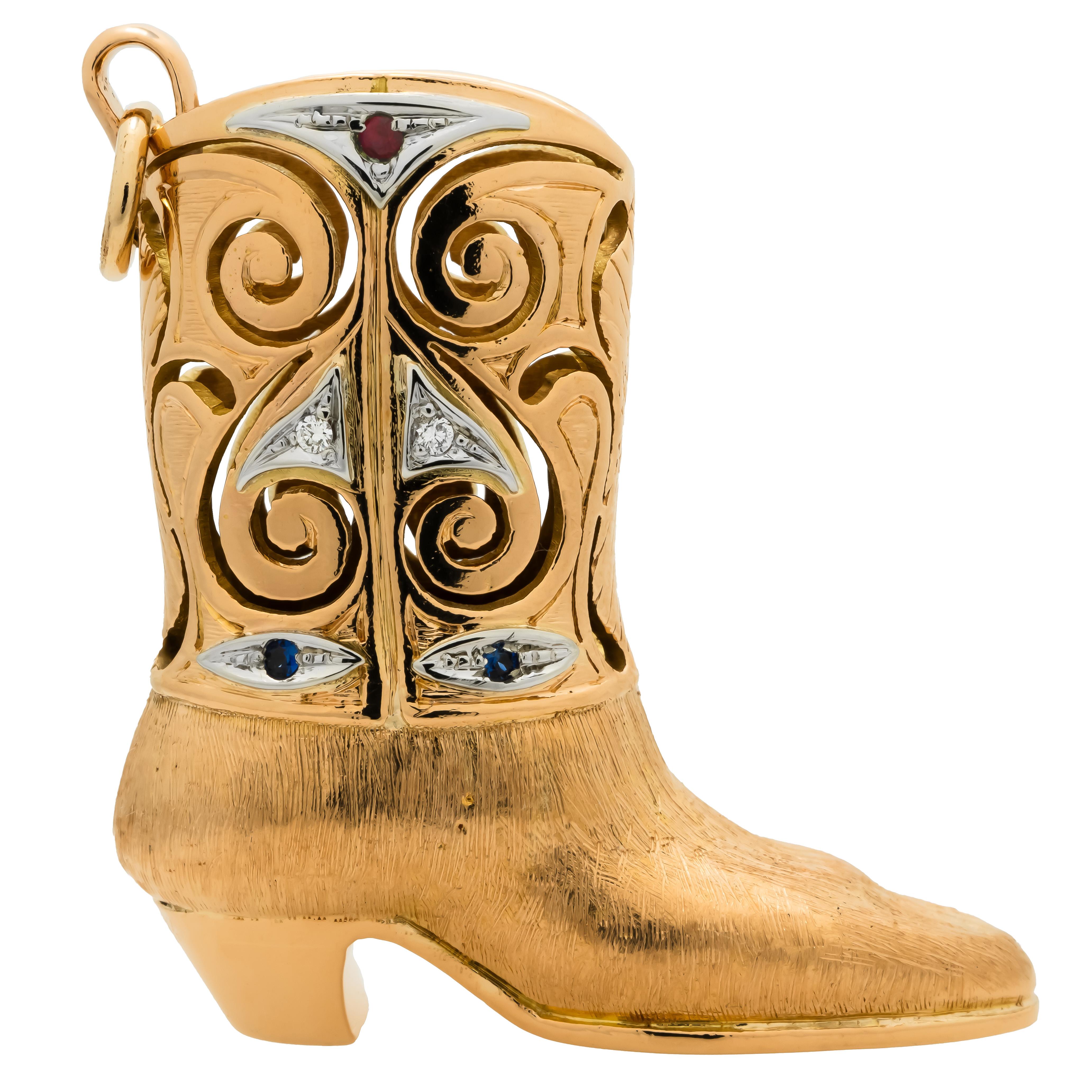 Colgante Bota Vaquera 3D Zafiro Diamante Rubí Oro Amarillo Corte redondo en venta