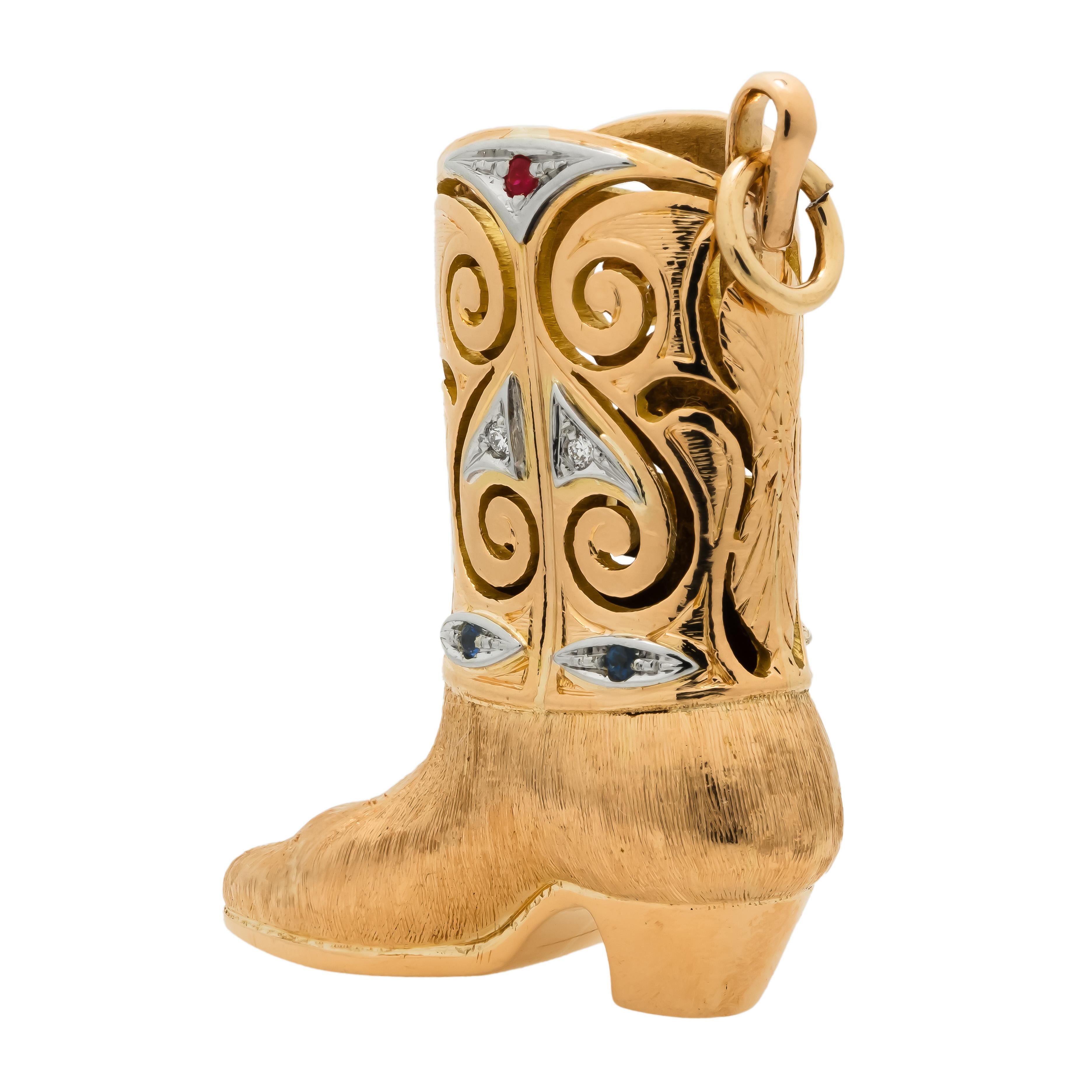 Colgante Bota Vaquera 3D Zafiro Diamante Rubí Oro Amarillo en venta 1