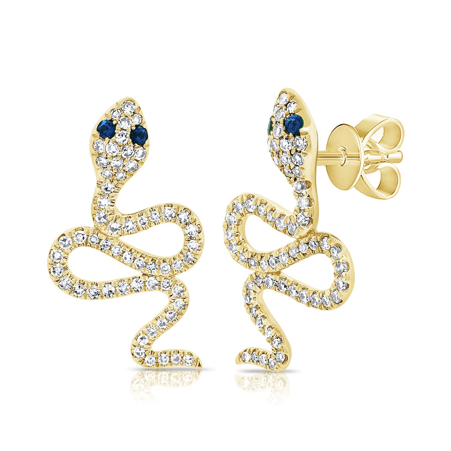 Contemporary Diamond & Sapphire Snake Stud Earrings for Her 14k Gold For Sale
