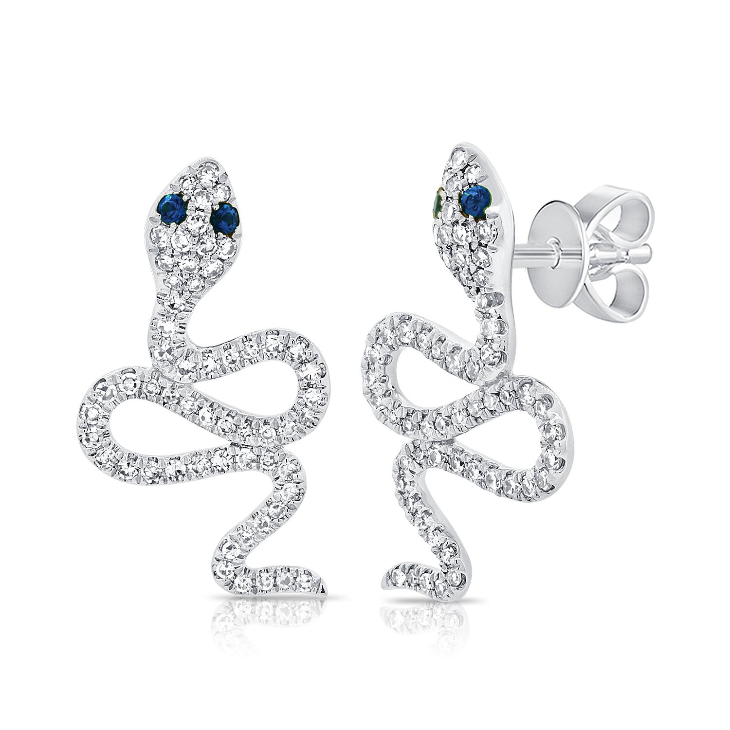 Round Cut Diamond & Sapphire Snake Stud Earrings for Her 14k Gold For Sale