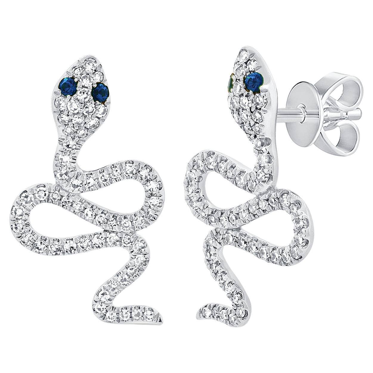 Diamond & Sapphire Snake Stud Earrings for Her 14k Gold