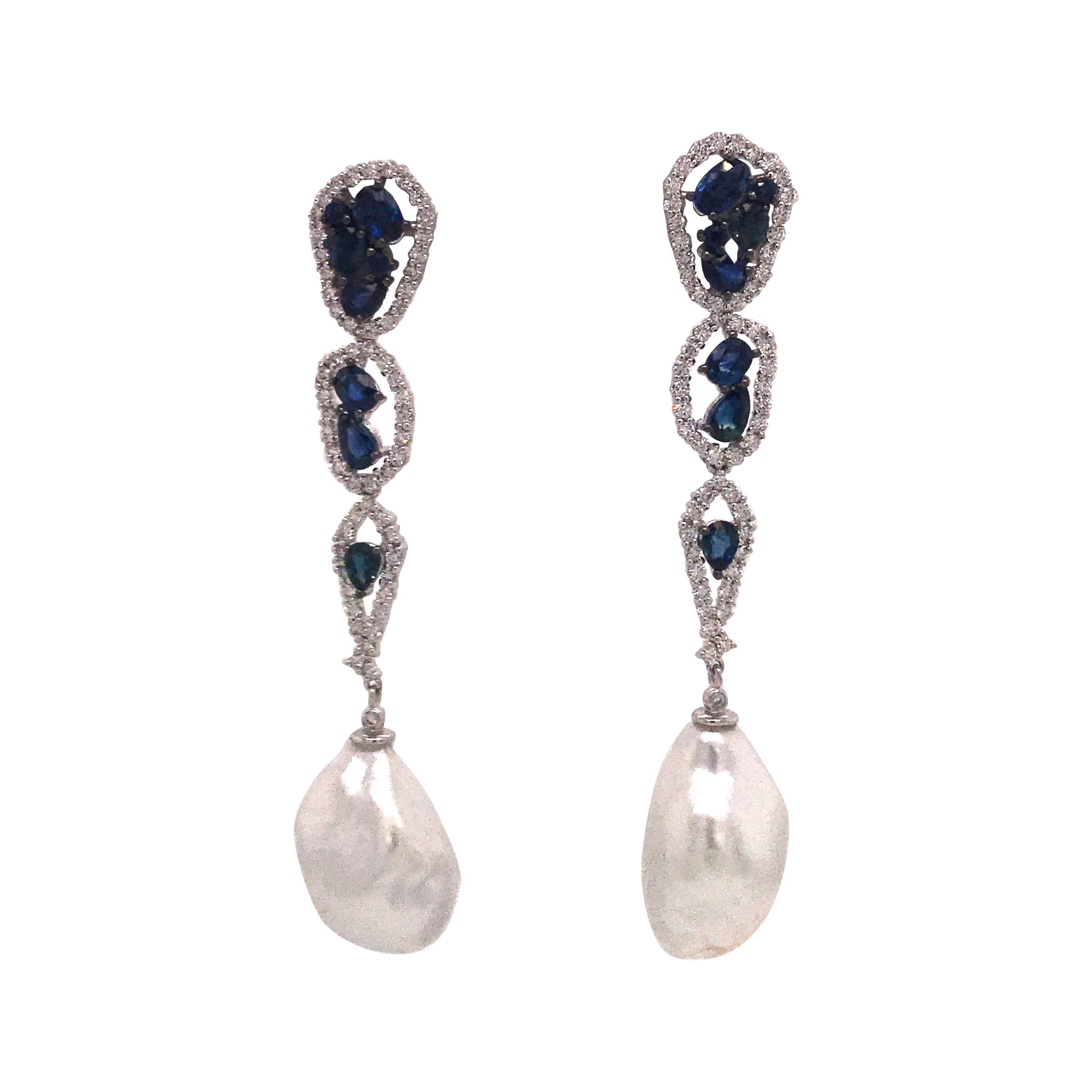 Diamond Sapphire South Sea Baroque Pearl Earrings 4.38 Carat 18 Karat White Gold For Sale