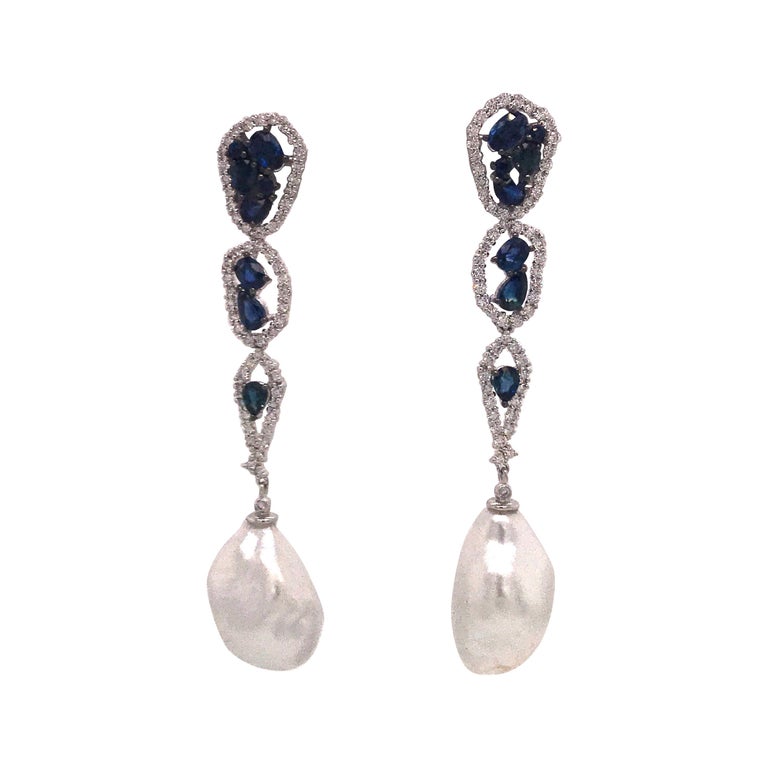 Diamond Sapphire South Sea Baroque Pearl Earrings 4.38 Carat 18 Karat ...