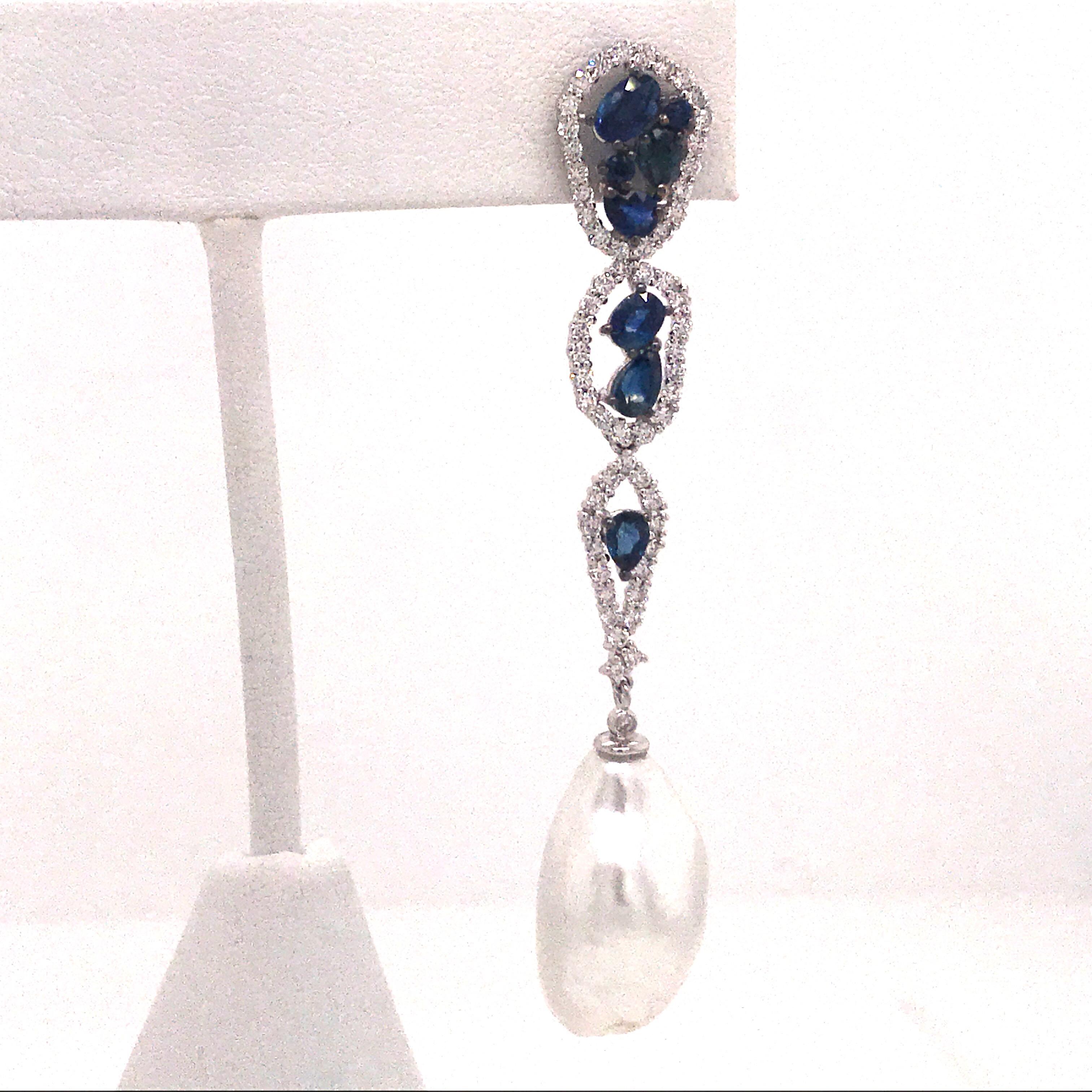 Contemporary Diamond Sapphire South Sea Baroque Pearl Earrings 4.38 Carat 18 Karat White Gold For Sale