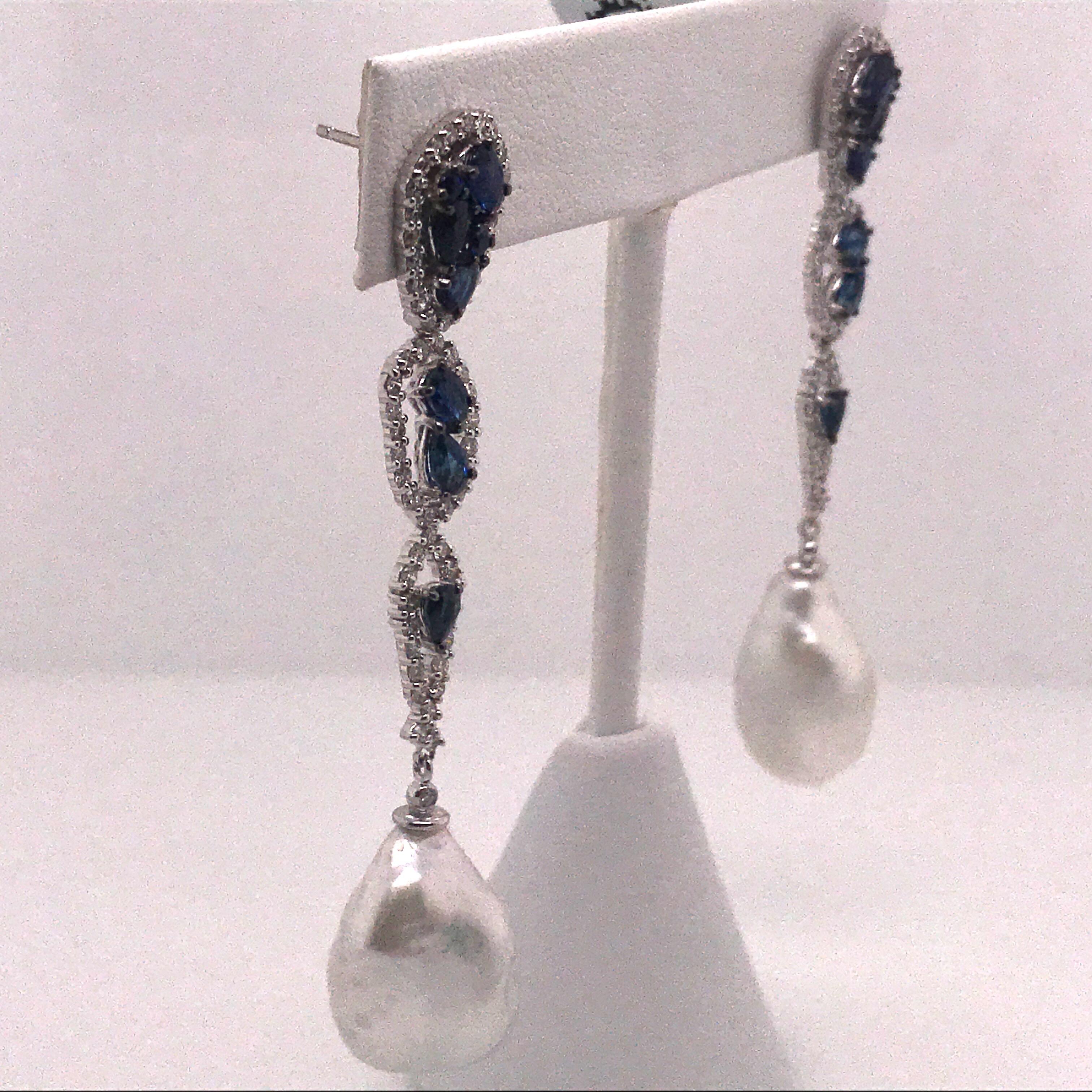 Round Cut Diamond Sapphire South Sea Baroque Pearl Earrings 4.38 Carat 18 Karat White Gold For Sale