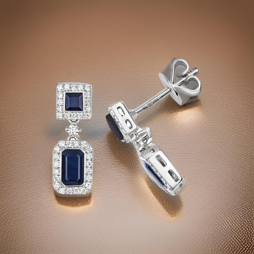 DIAMOND & SAPPHIRE SQUARE AND OCTAGON CLUSTER DROPS IN 9CT WHITE Gold In New Condition For Sale In Ilford, GB