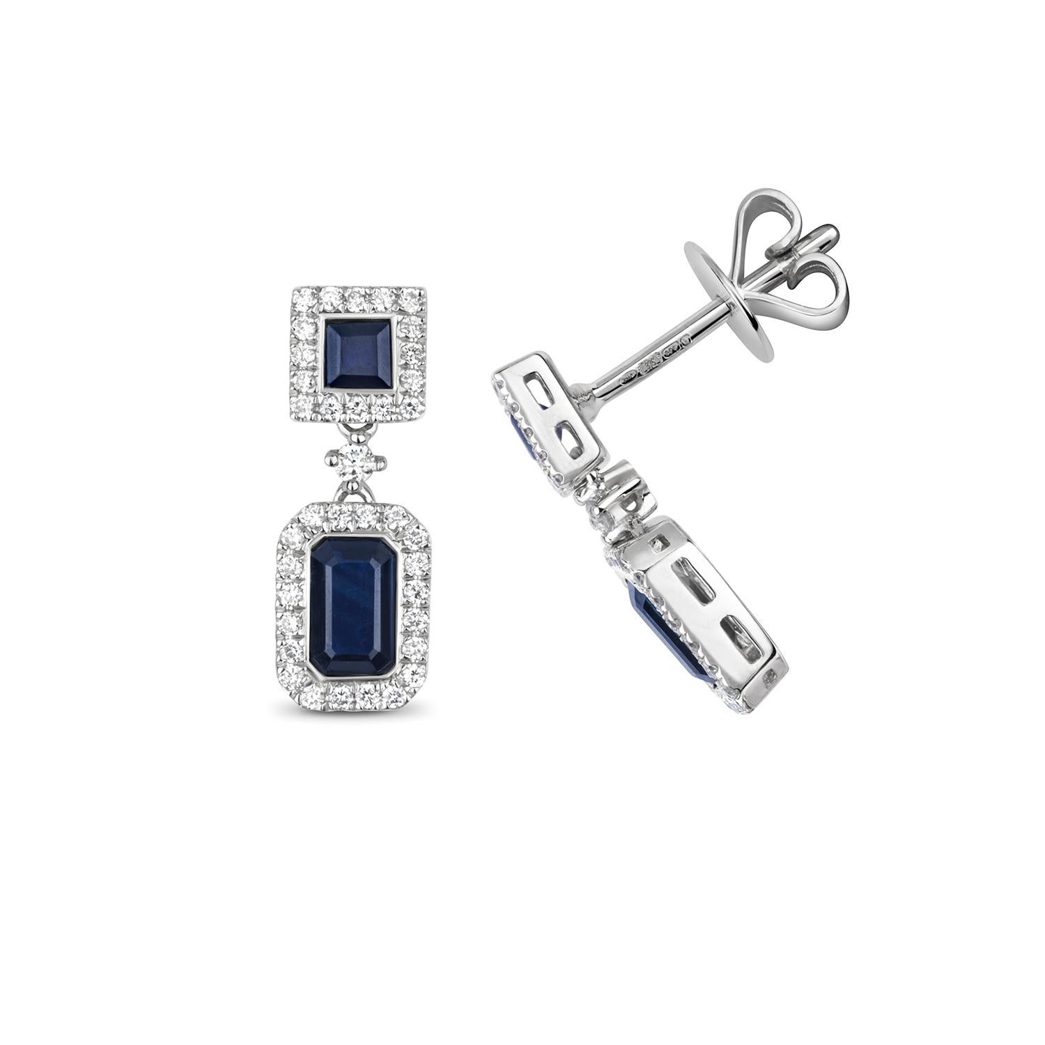 DIAMOND & SAPPHIRE SQUARE AND OCTAGON CLUSTER DROPS IN 9CT WHITE Gold For Sale 1
