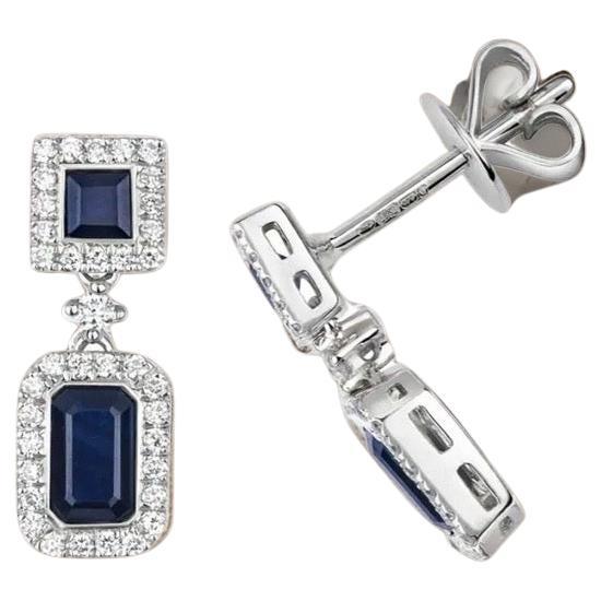 DIAMOND & SAPPHIRE SQUARE AND OCTAGON CLUSTER DROPS IN 9CT WHITE Gold For Sale