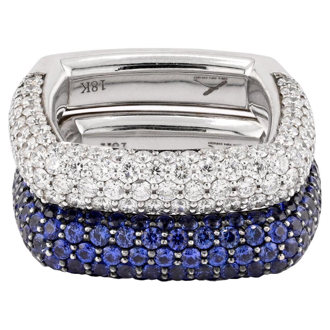 Diamond Sapphire Square Ring Set of Two For Sale