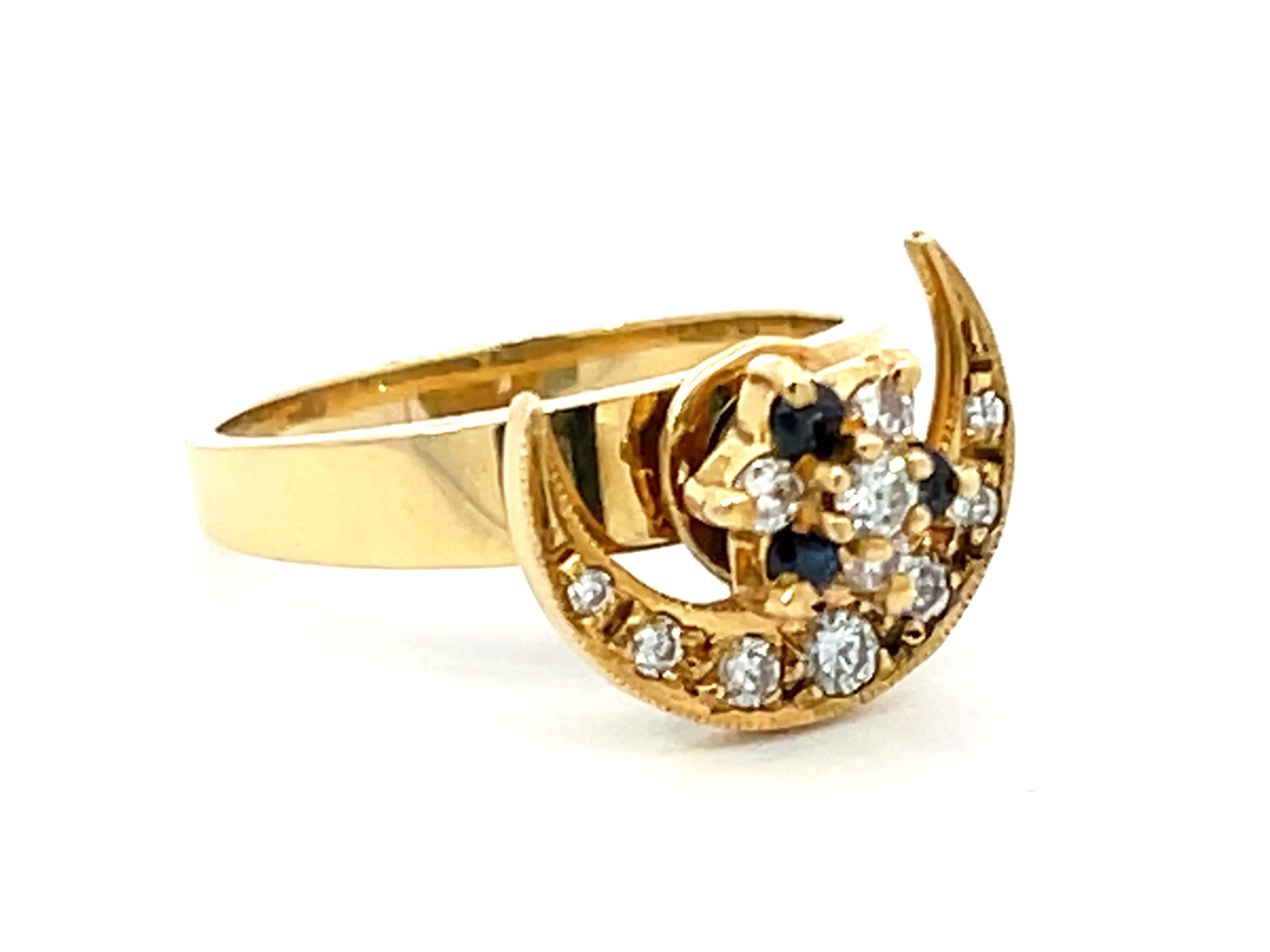 Brilliant Cut Diamond Sapphire Star and Moon Spinner Ring in 18K Yellow Gold For Sale