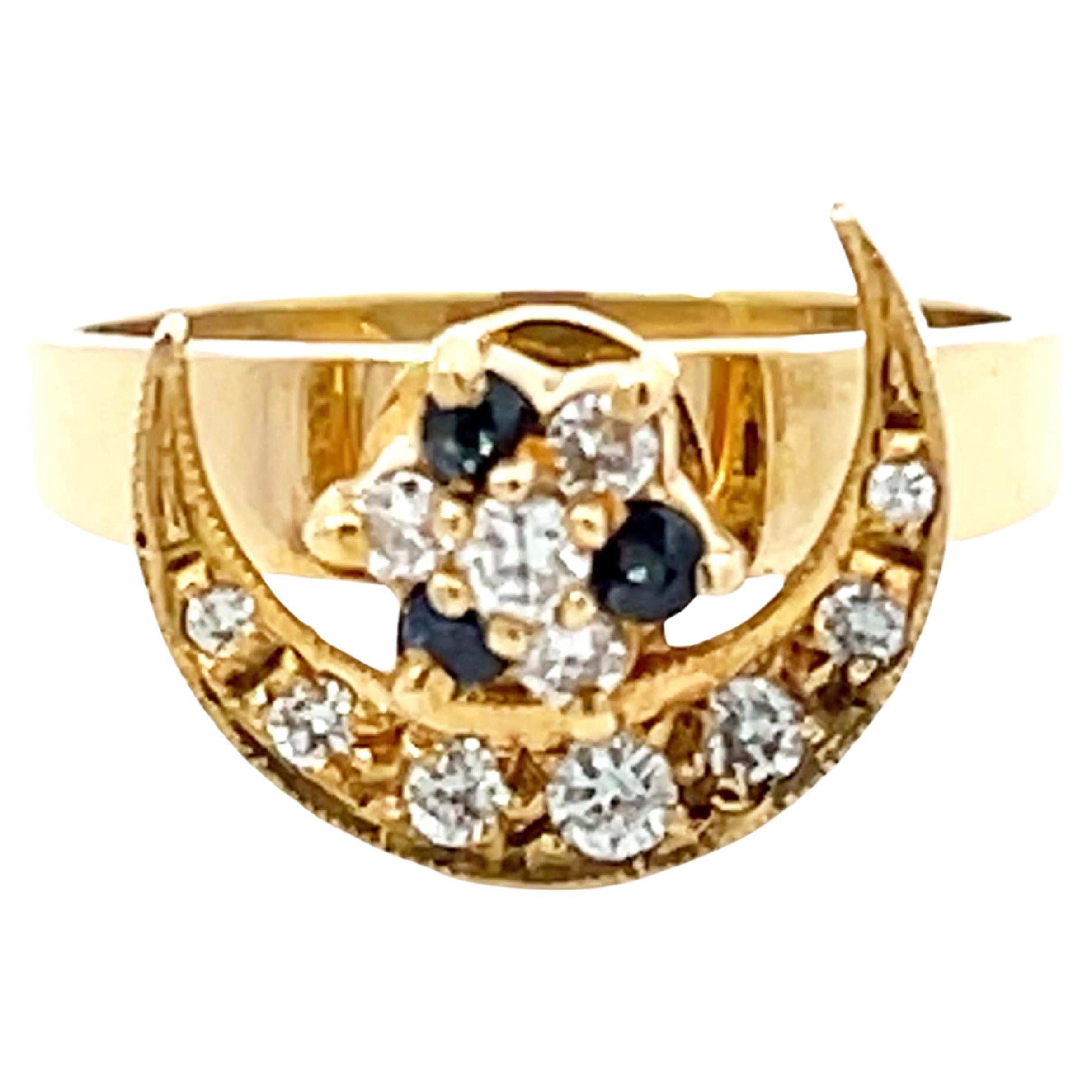 Diamond Sapphire Star and Moon Spinner Ring in 18K Yellow Gold For Sale