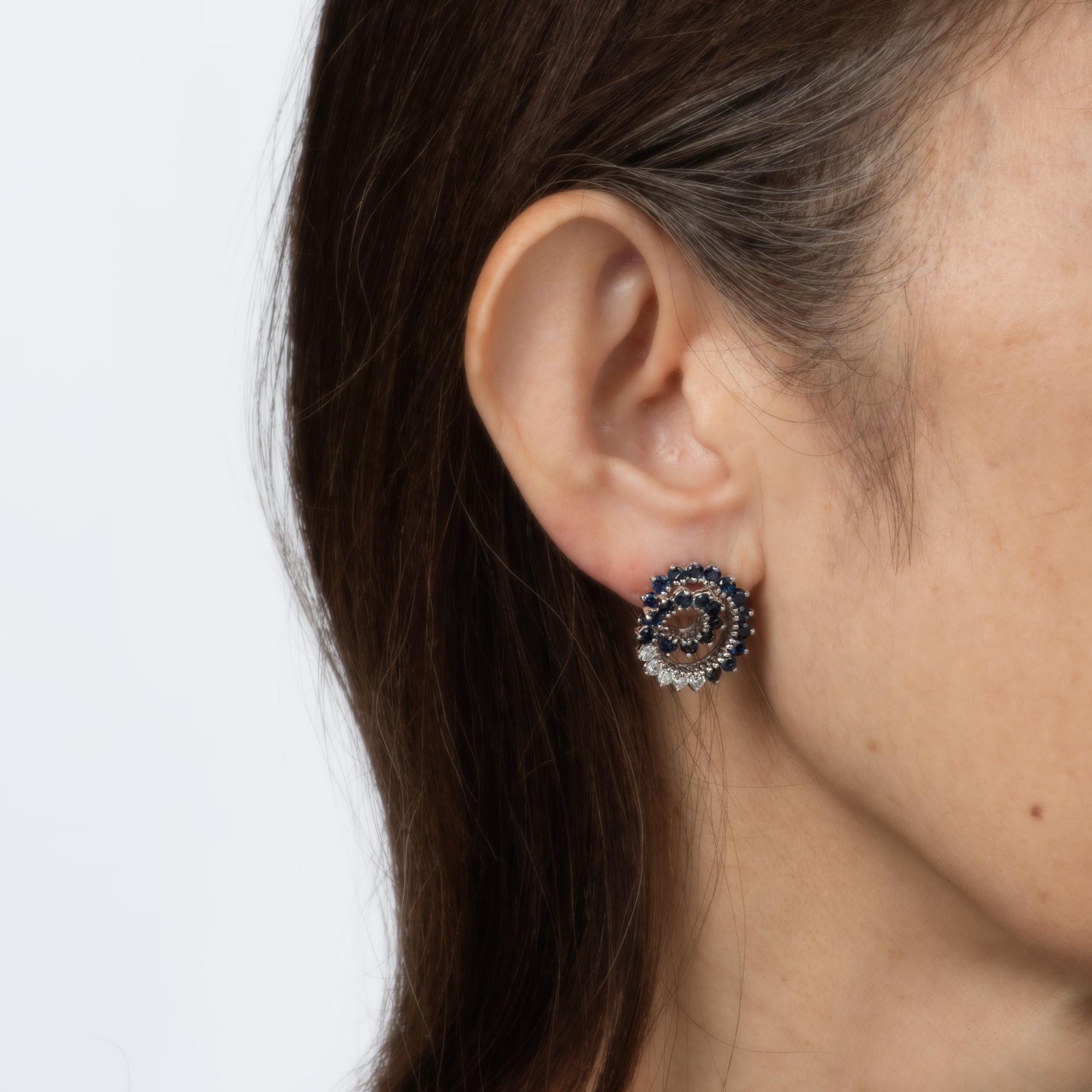 Round Cut Diamond Sapphire Swirl Earrings Vintage 14k White Gold Round Stud Jewelry For Sale