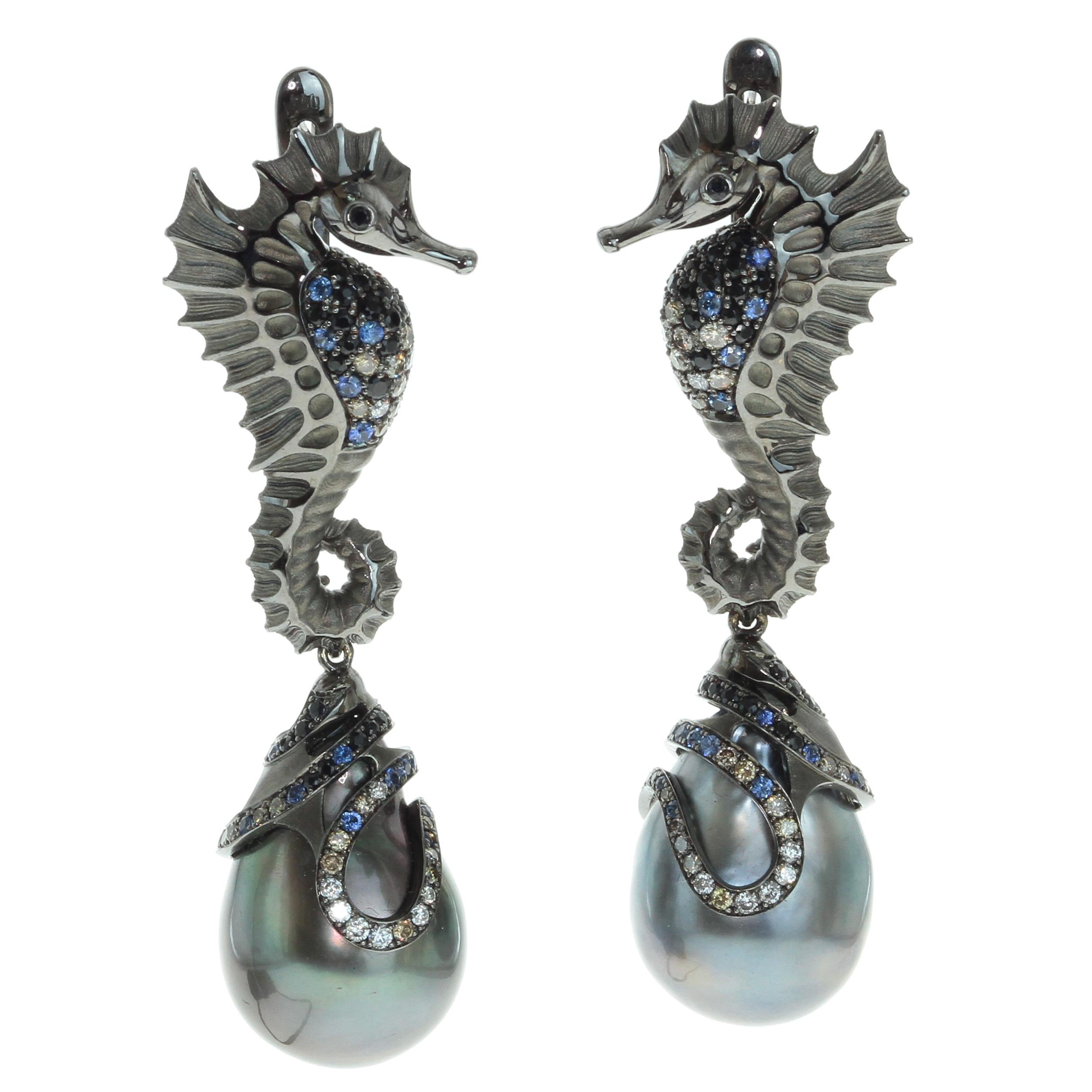 Diamond Sapphire Tahiti Pearl 18 Karat Black Gold Seahorse Earrings