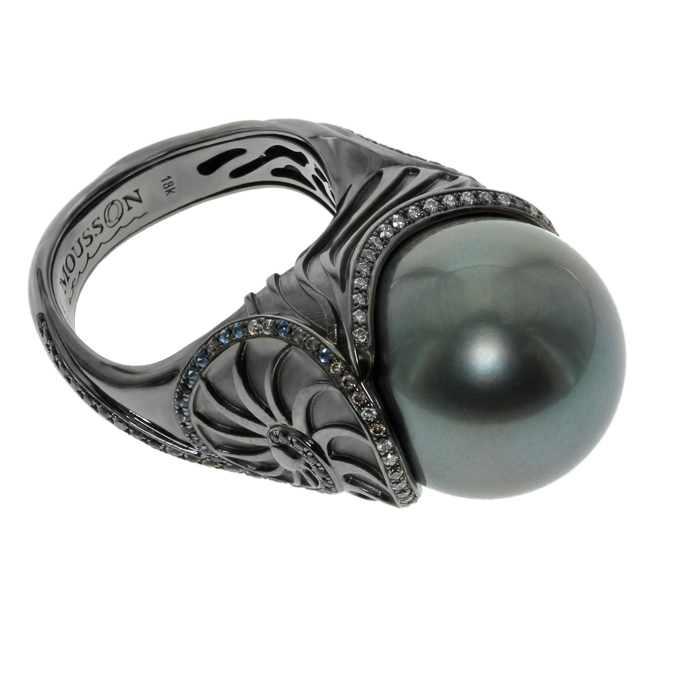 Diamond Sapphire Tahiti Pearl 18 Karat Black Gold Seashell Earrings For Sale 3