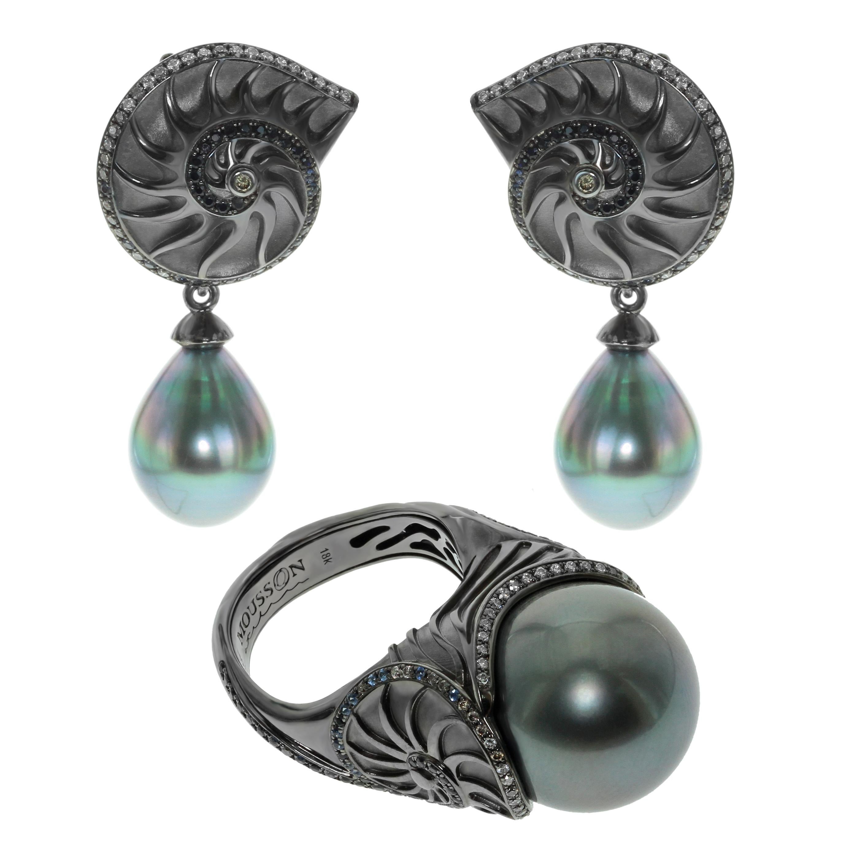 Diamond Sapphire Tahiti Pearl 18 Karat Black Gold Seashell Earrings For Sale 4