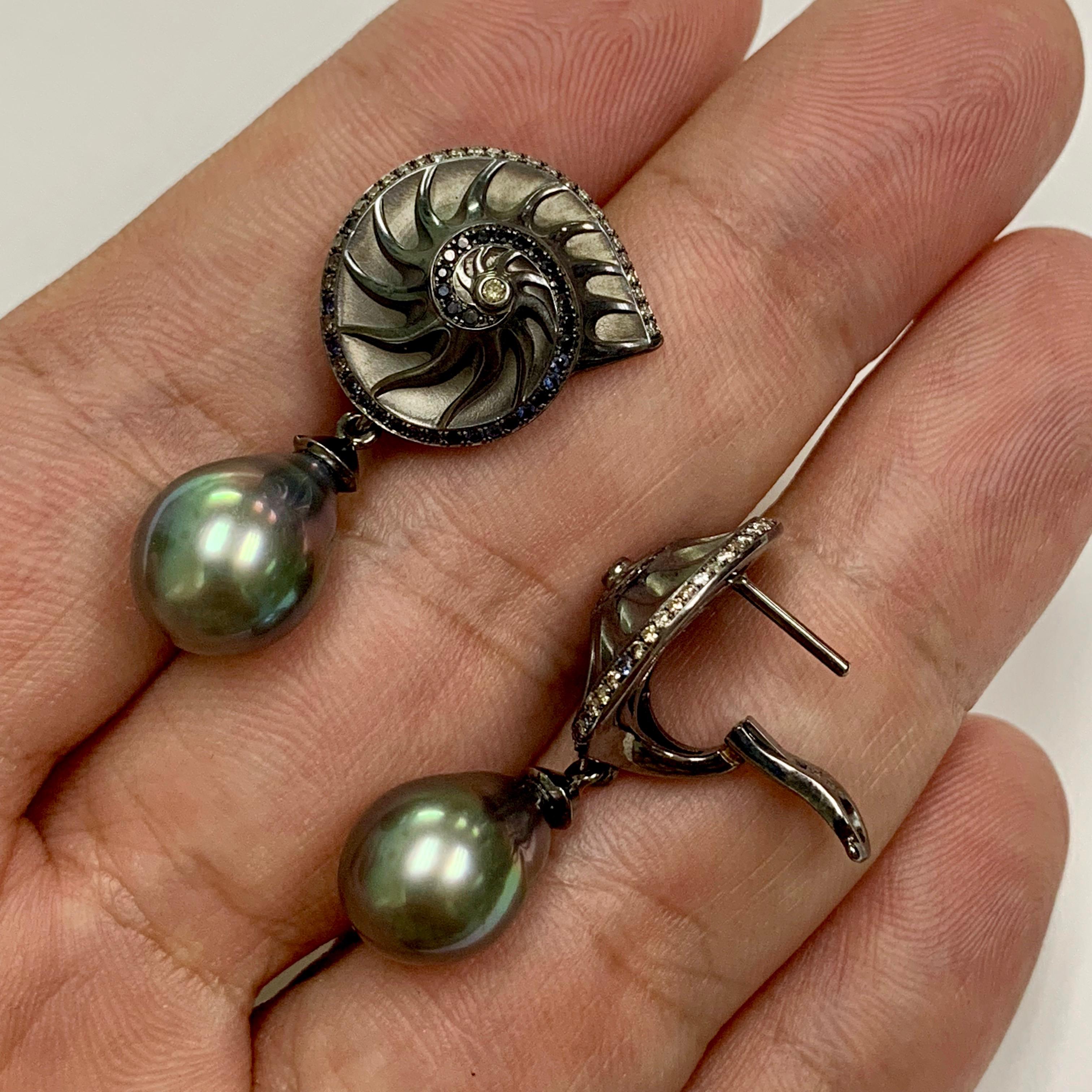 Women's Diamond Sapphire Tahiti Pearl 18 Karat Black Gold Seashell Earrings
