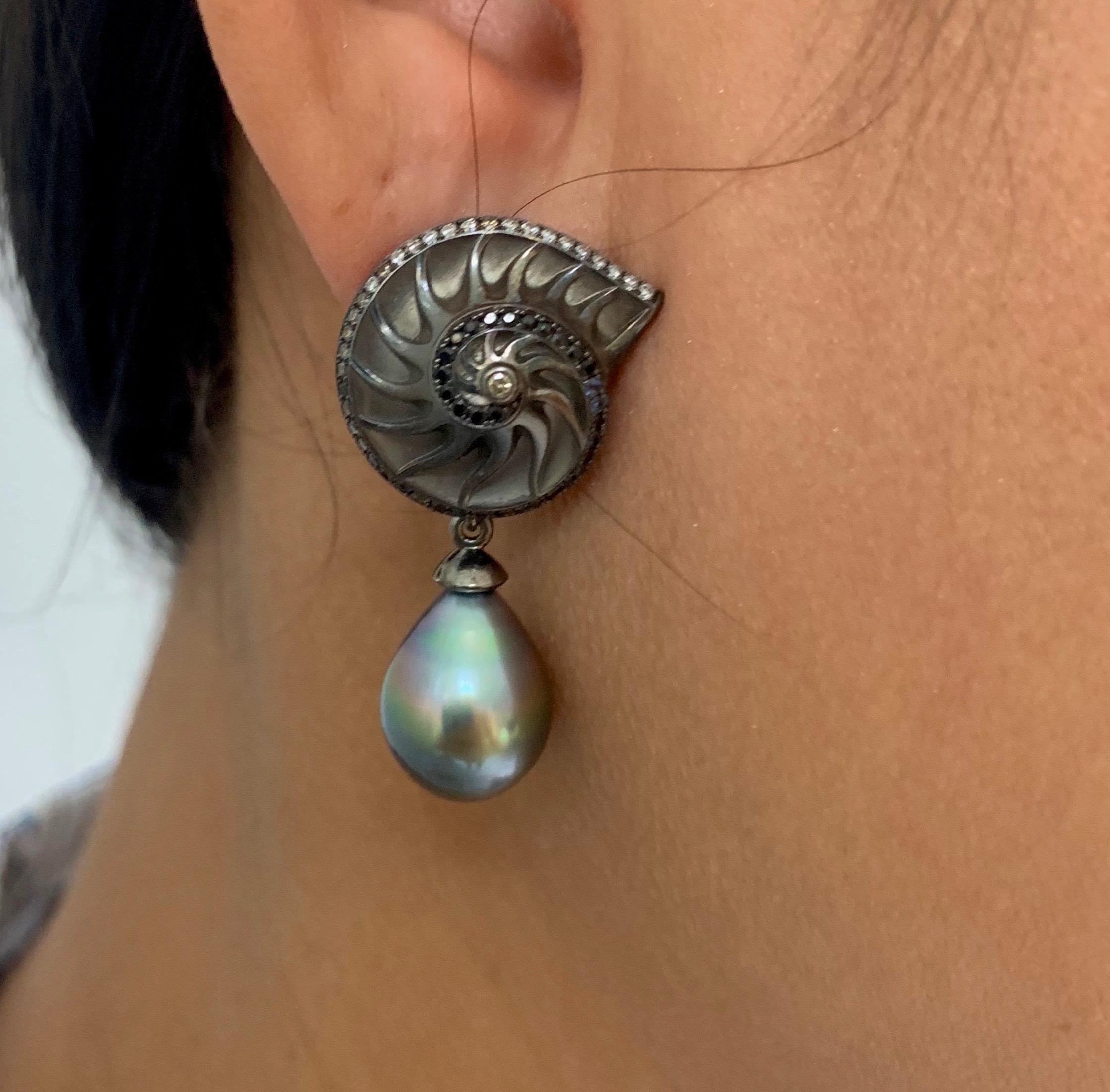Diamond Sapphire Tahiti Pearl 18 Karat Black Gold Seashell Earrings For Sale 1