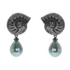 Diamond Sapphire Tahiti Pearl 18 Karat Black Gold Seashell Earrings