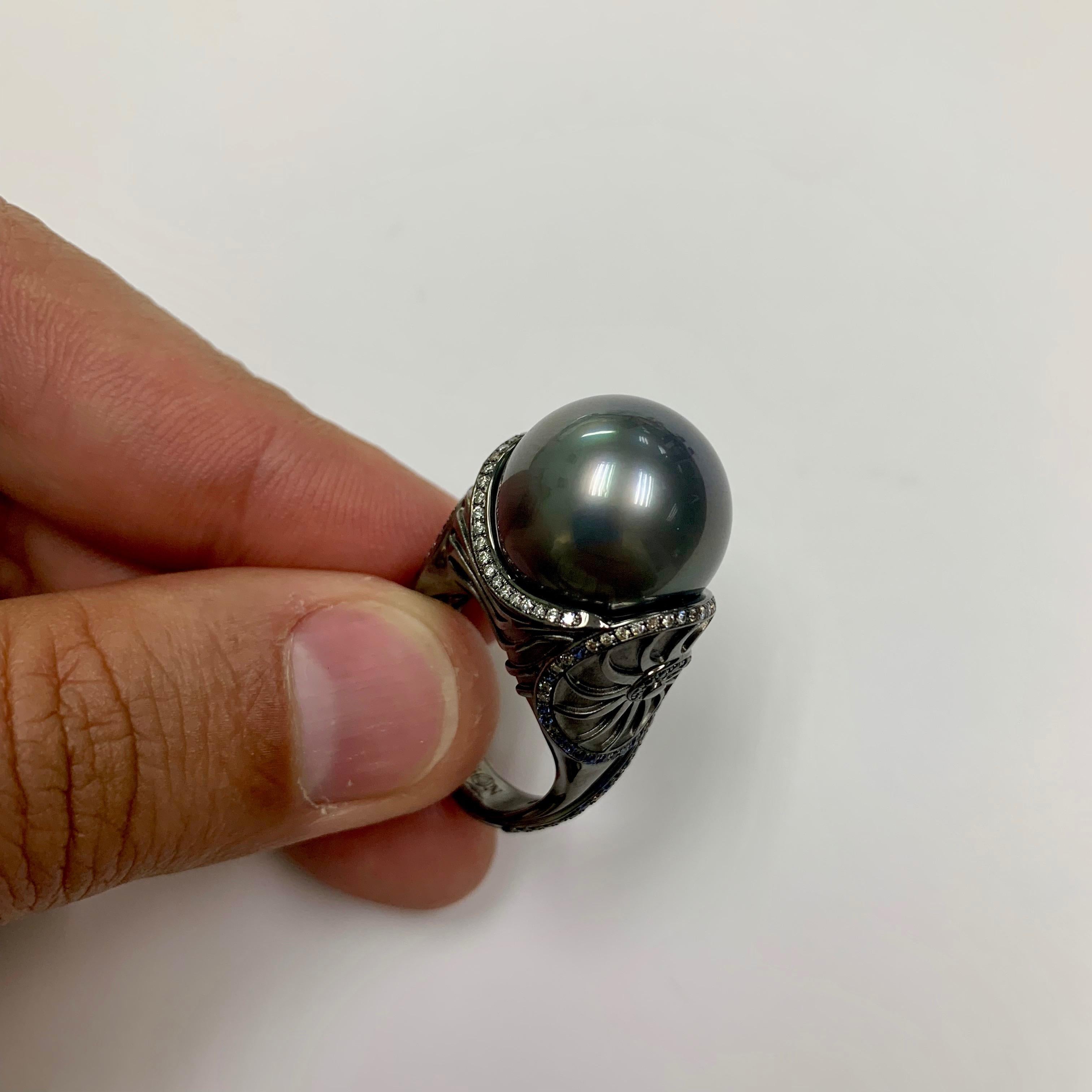 Round Cut Diamond Sapphire Tahiti Pearl 18 Karat Black Gold Seashell Ring For Sale