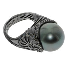 Diamond Sapphire Tahiti Pearl 18 Karat Black Gold Seashell Ring