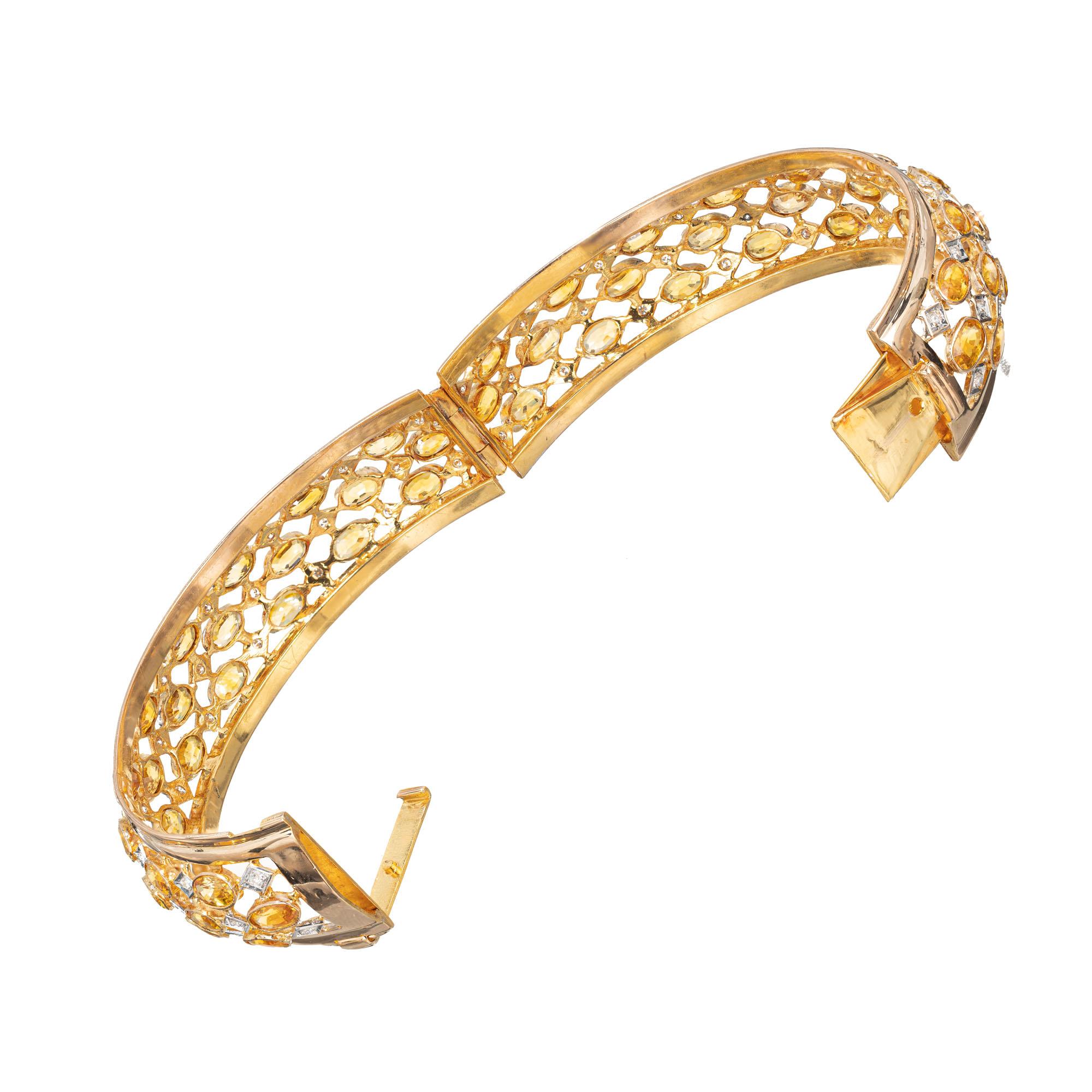 Women's 28.30 Carat Diamond Sapphire Three-Row Yellow Gold Hinged Bangle Bracelet For Sale